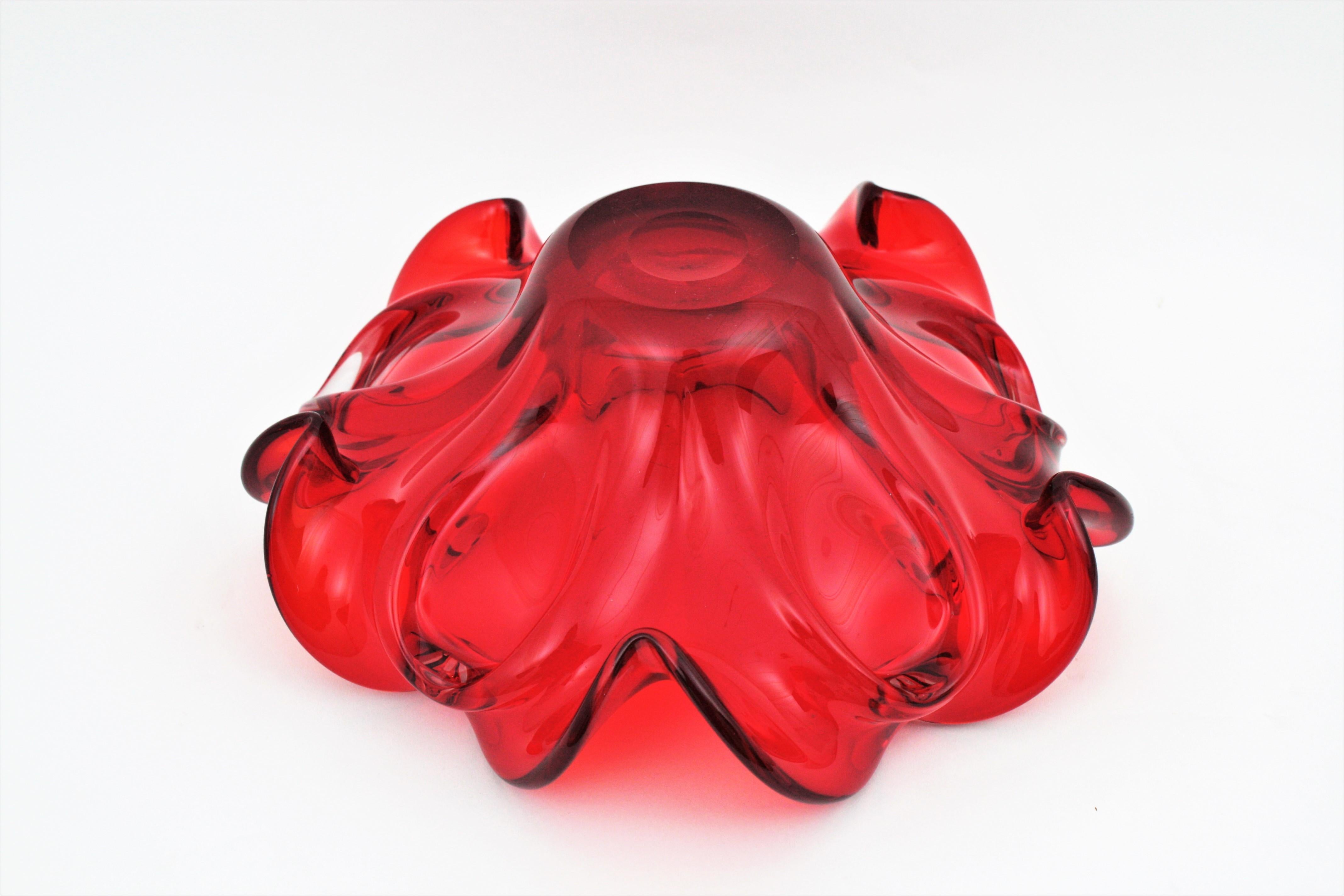 XXL Archimede Seguso Murano Ruby Red Sommerso Glass Flower Centerpiece Bowl 10