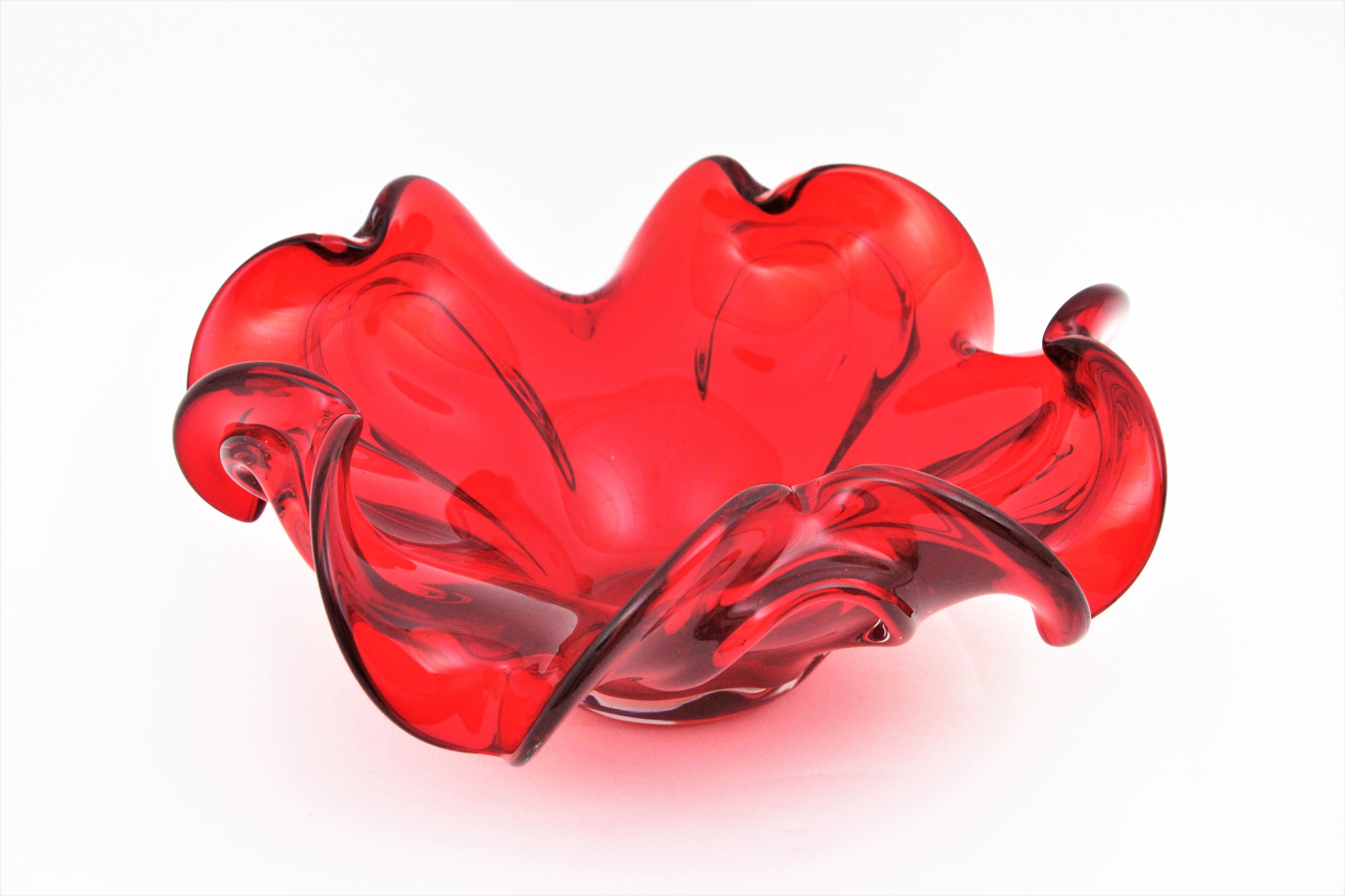 Italian XXL Archimede Seguso Murano Ruby Red Sommerso Glass Flower Centerpiece Bowl