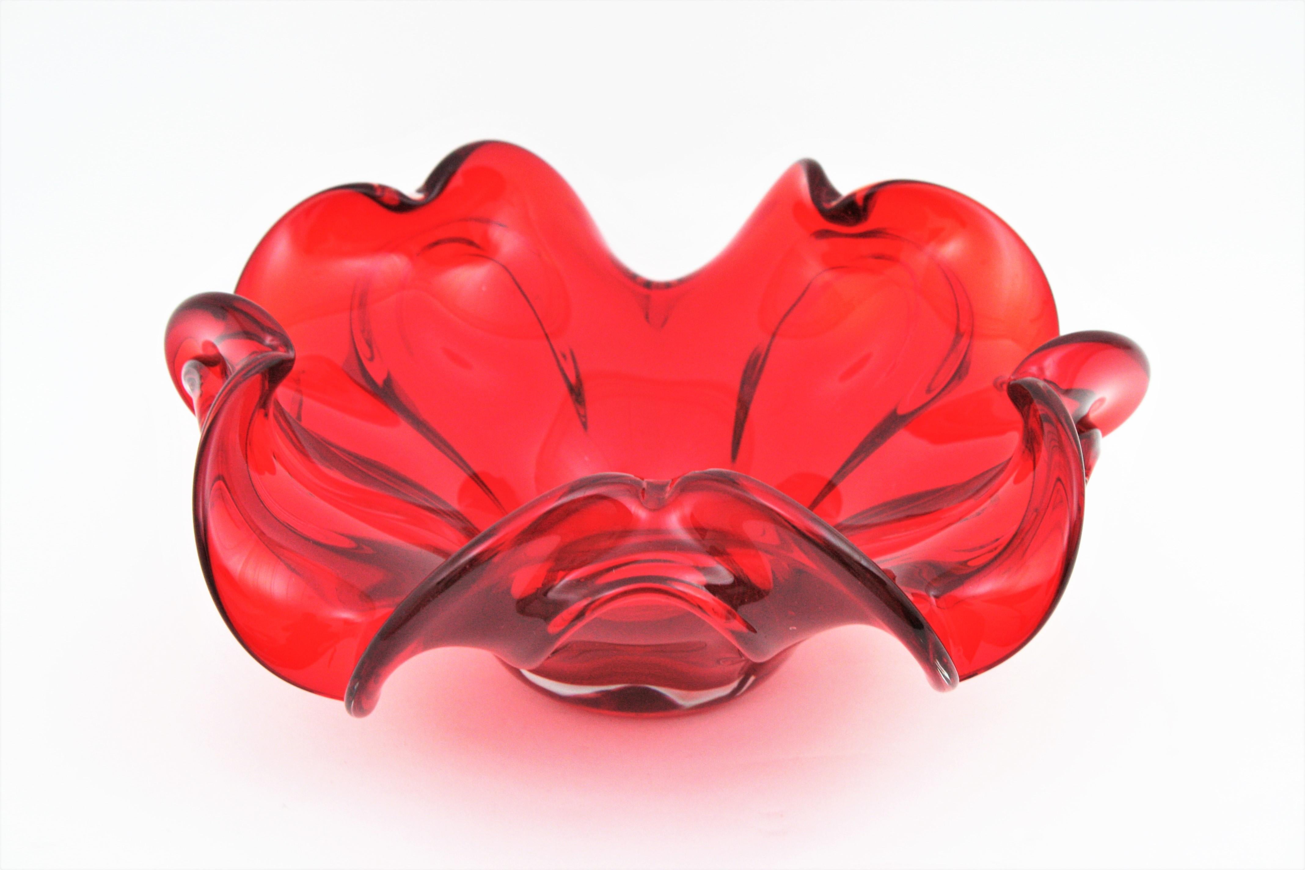 XXL Archimede Seguso Murano Ruby Red Sommerso Glass Flower Centerpiece Bowl 2