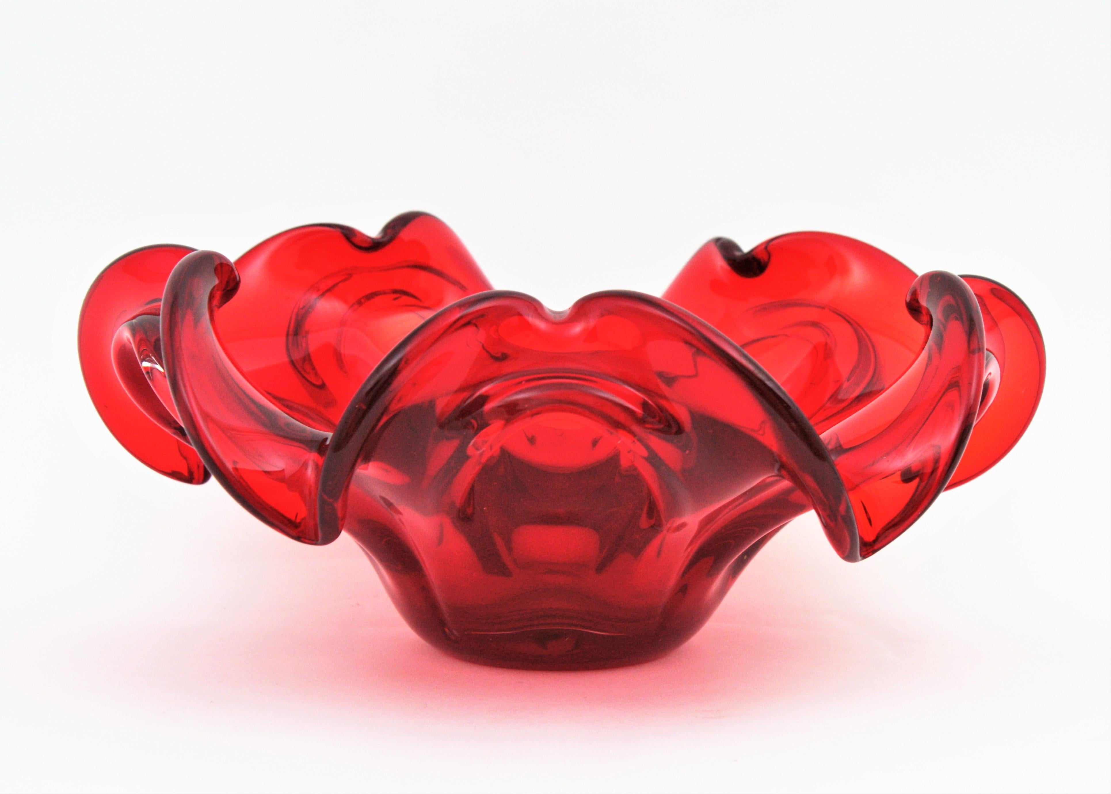 XXL Archimede Seguso Murano Ruby Red Sommerso Glass Flower Centerpiece Bowl 3