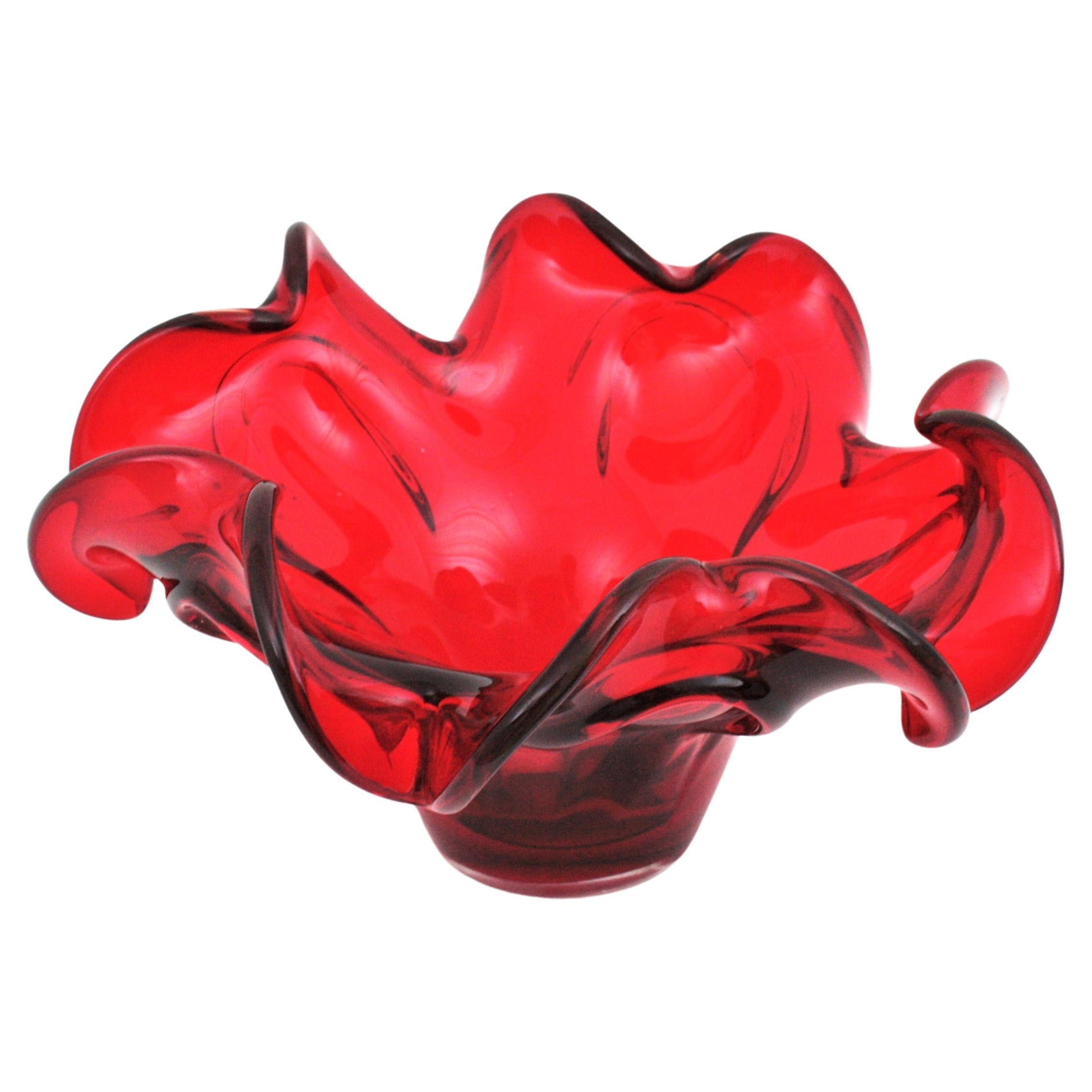 Hand-Crafted XXL Archimede Seguso Murano Ruby Red Sommerso Glass Centerpiece Bowl For Sale