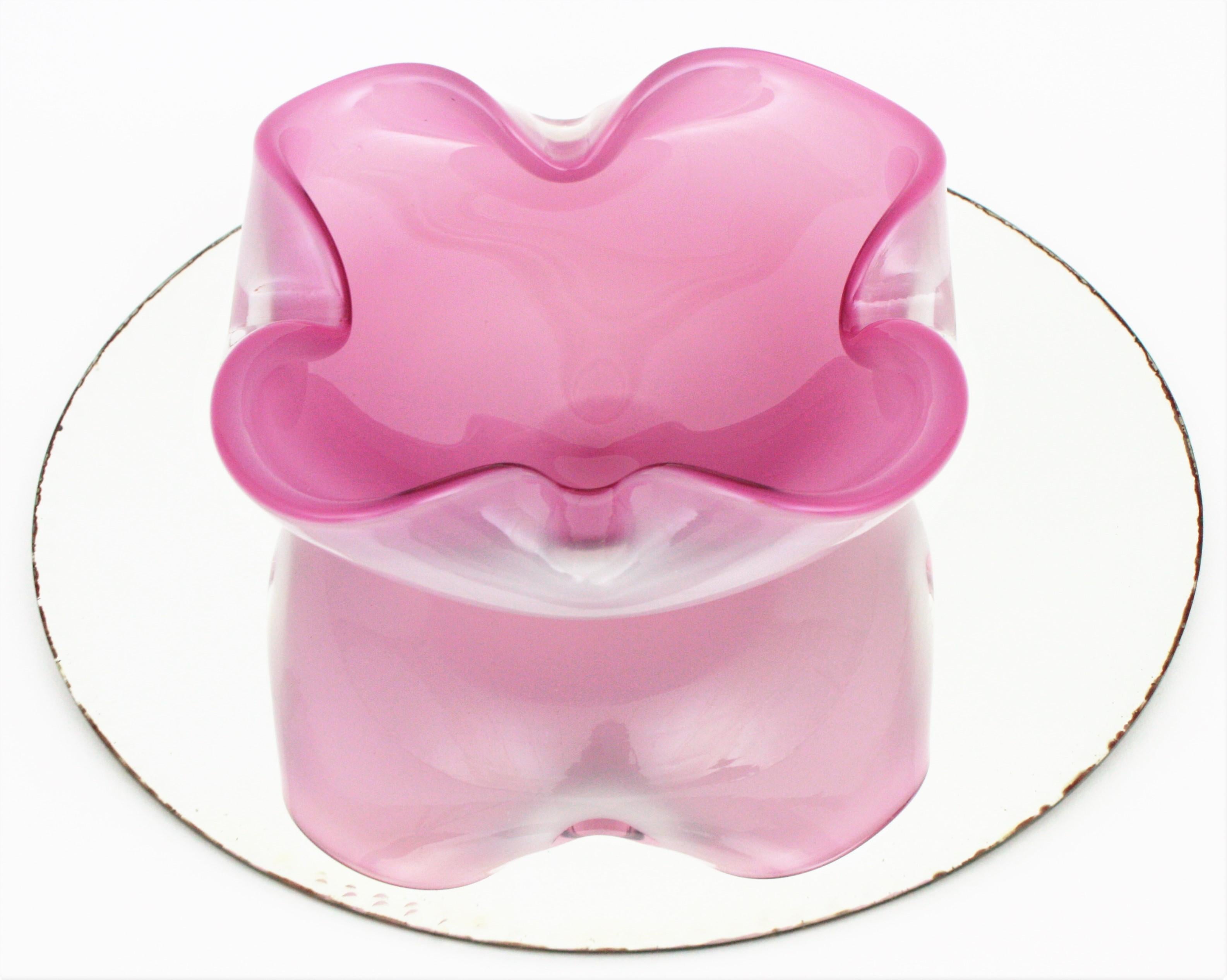 Mid-Century Modern XXL Archimede Seguso Murano Opal Pink Alabastro Glass Folded Bowl /Centerpiece