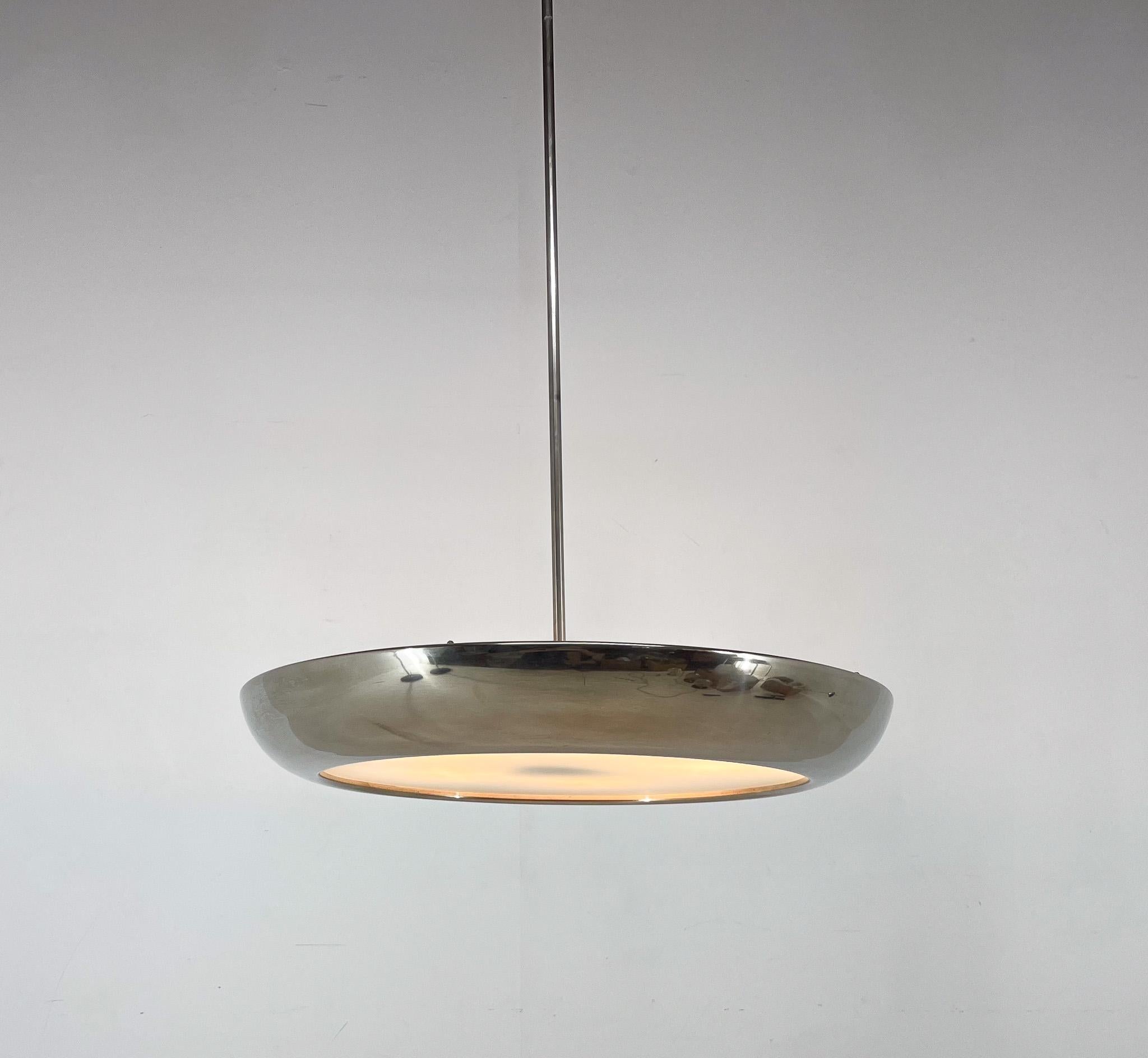 Beautiful chrome pendant light designed by famous Josef Hůrka for Napako in former Czechoslovakia in the 1940's. 
Bulbs: 6x60W, E25-E27. 
Central rod can be shortened on request. 
US wiring compatible.