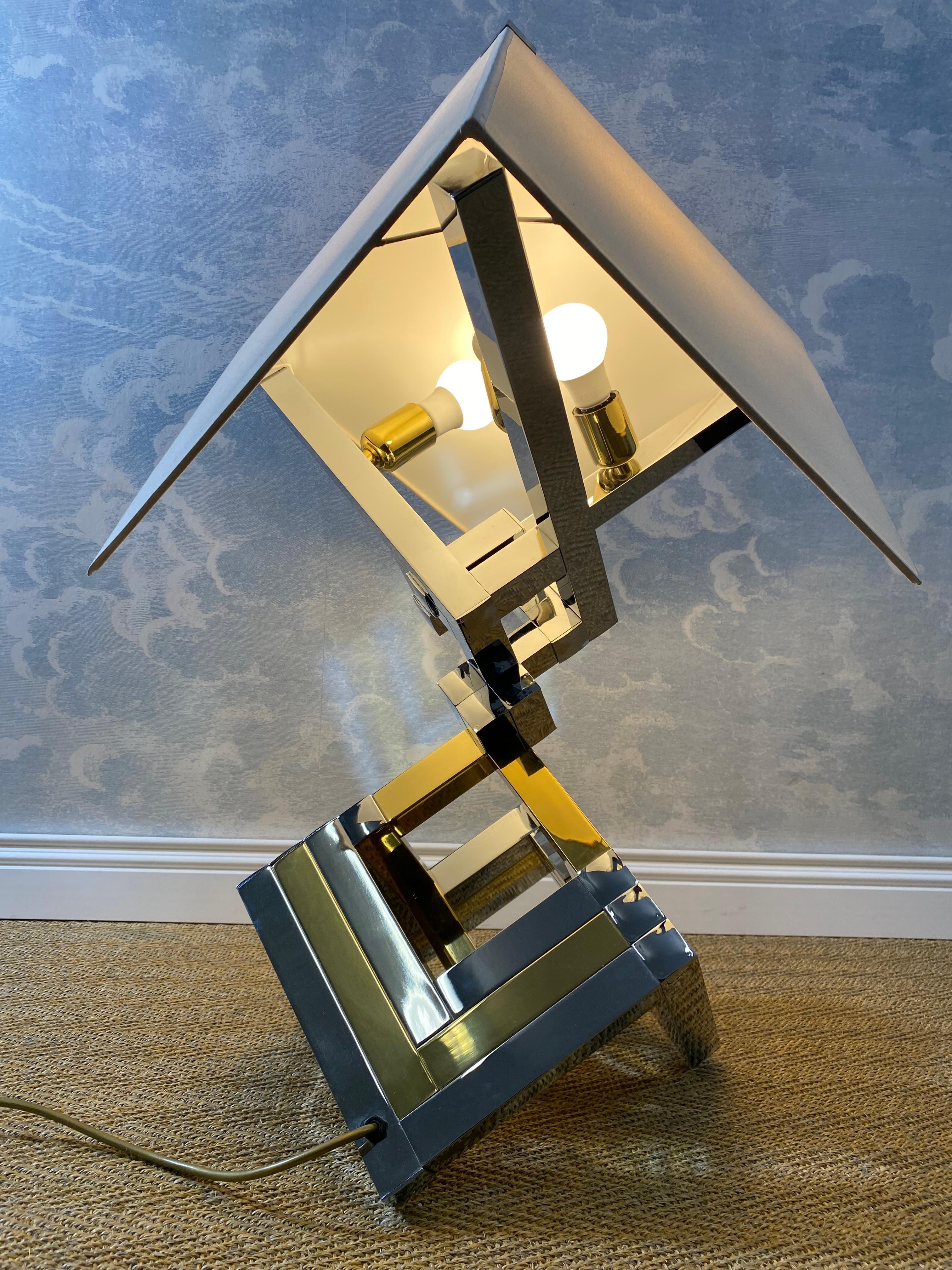 Laiton Lampe de table XXL bicolore en chrome et laiton dans le style de Willy Rizzo / Romeo Rega en vente