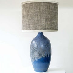 XXL Blue Ceramic Floor Table Lamp, Custom Beige Lampshade by R. Houben