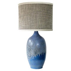 XXL Blue Ceramic Floor Table Lamp, Custom Beige Lampshade by R. Houben