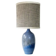 XXL Blue Ceramic Floor Table Lamp, Custom Beige Lampshade by R. Houben