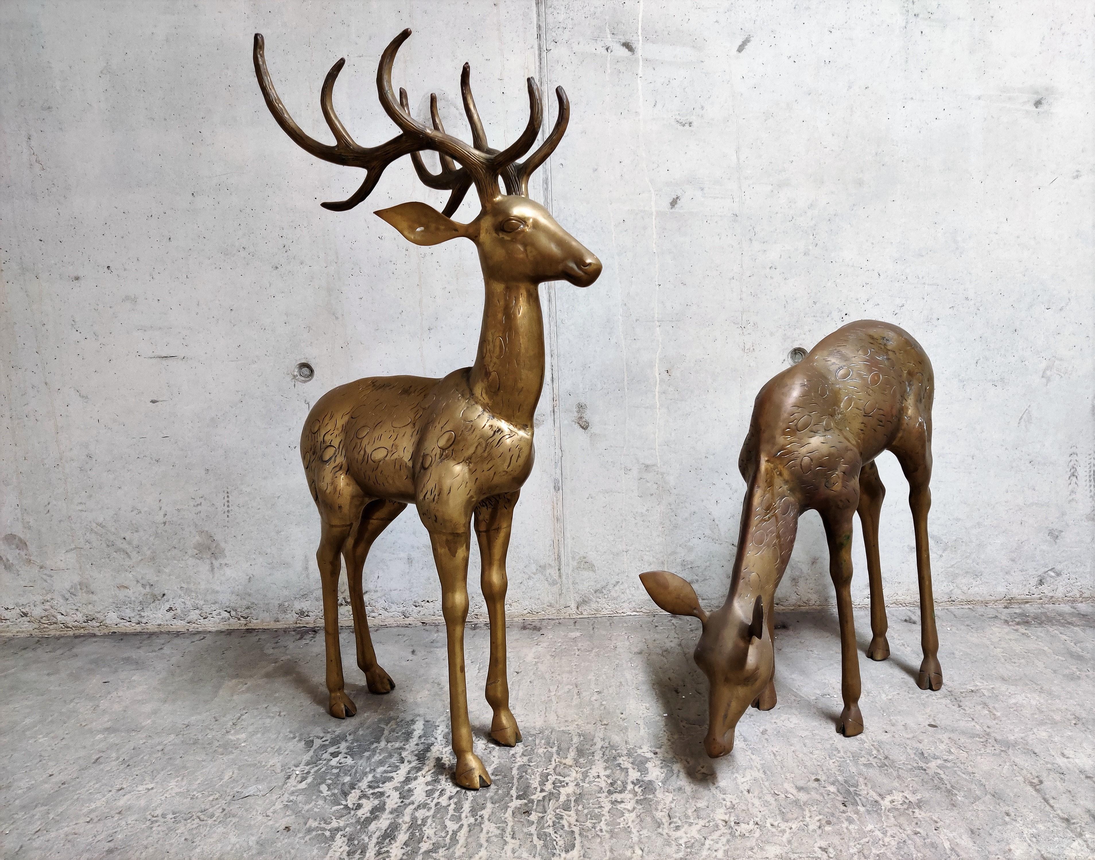 Hollywood Regency Extra Large Brass Deer Sculptures, 1970s