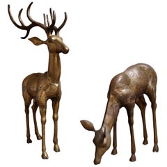 Vintage Extra Large Brass Deer Sculptures, 1970s
