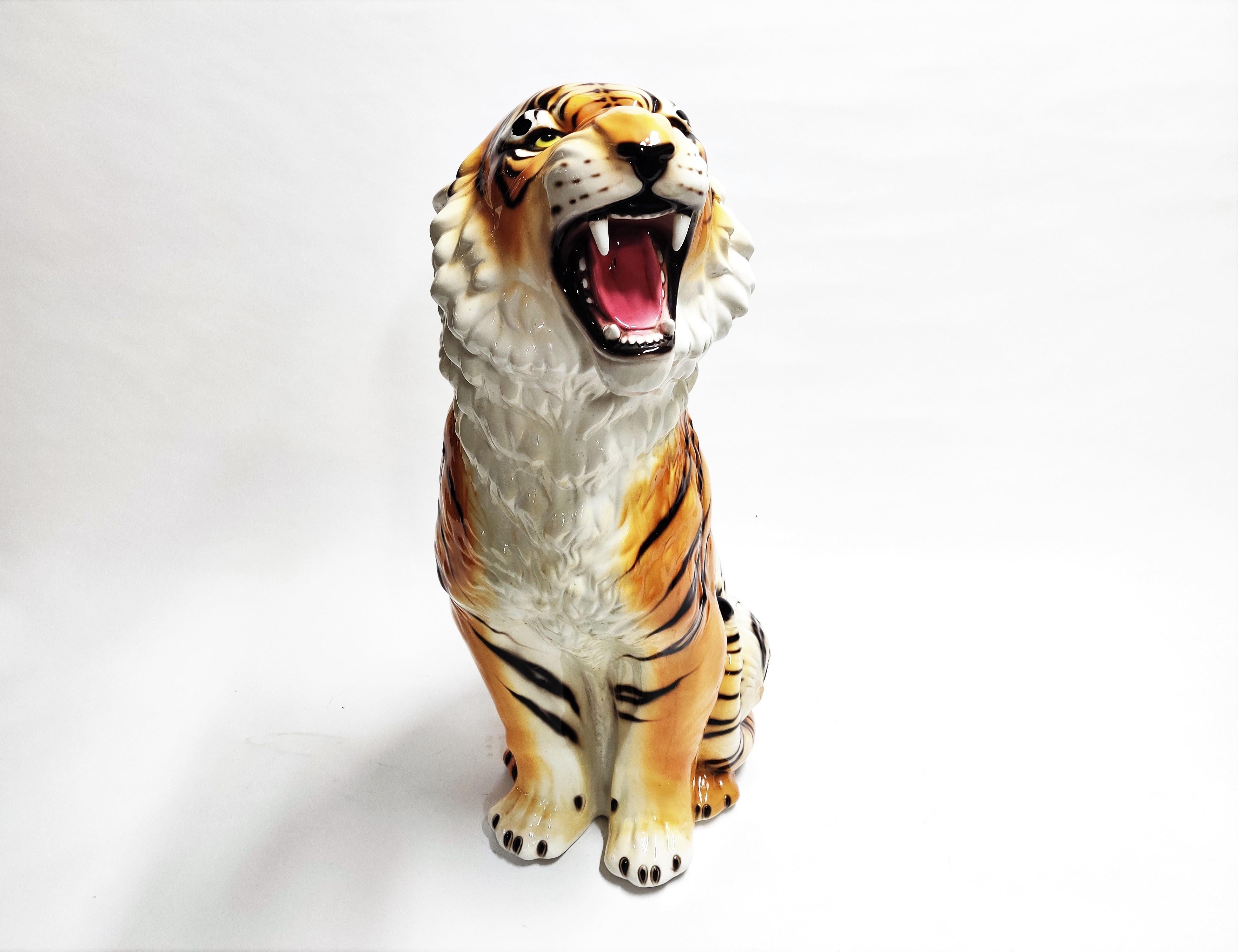 Hollywood Regency Extra Large Ceramic Hand Painted Tiger, 1970s, Italy