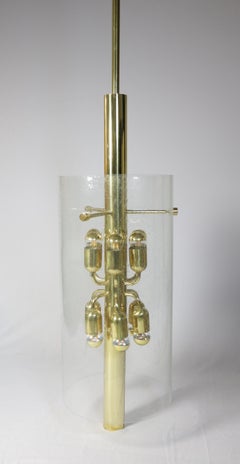XXL Chandelier by Limburg with Glass Cylinder and Decorative Brass Frame, 1970s