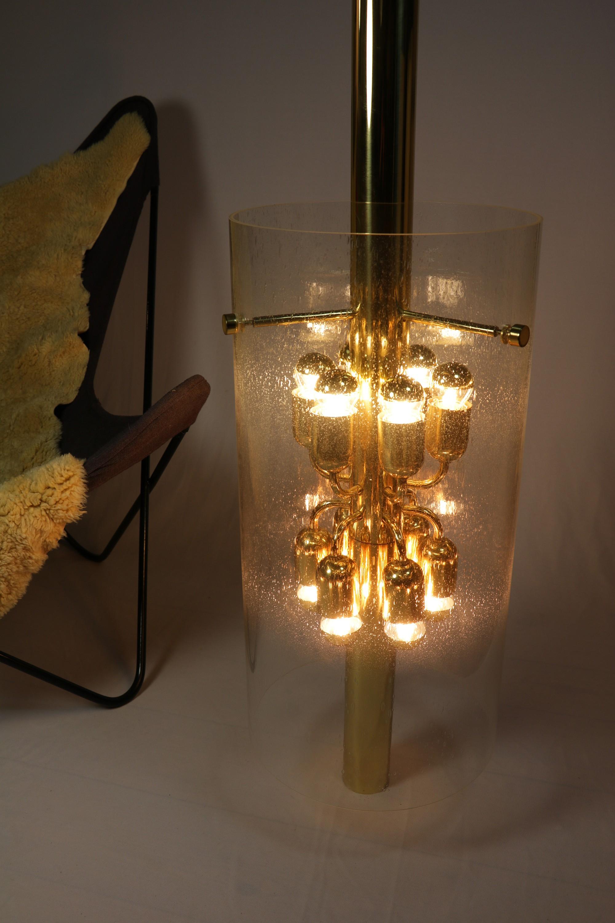 German XXL Chandelier by Limburg with Glass Cylinder and Decorative Brass Frame, 1970s For Sale