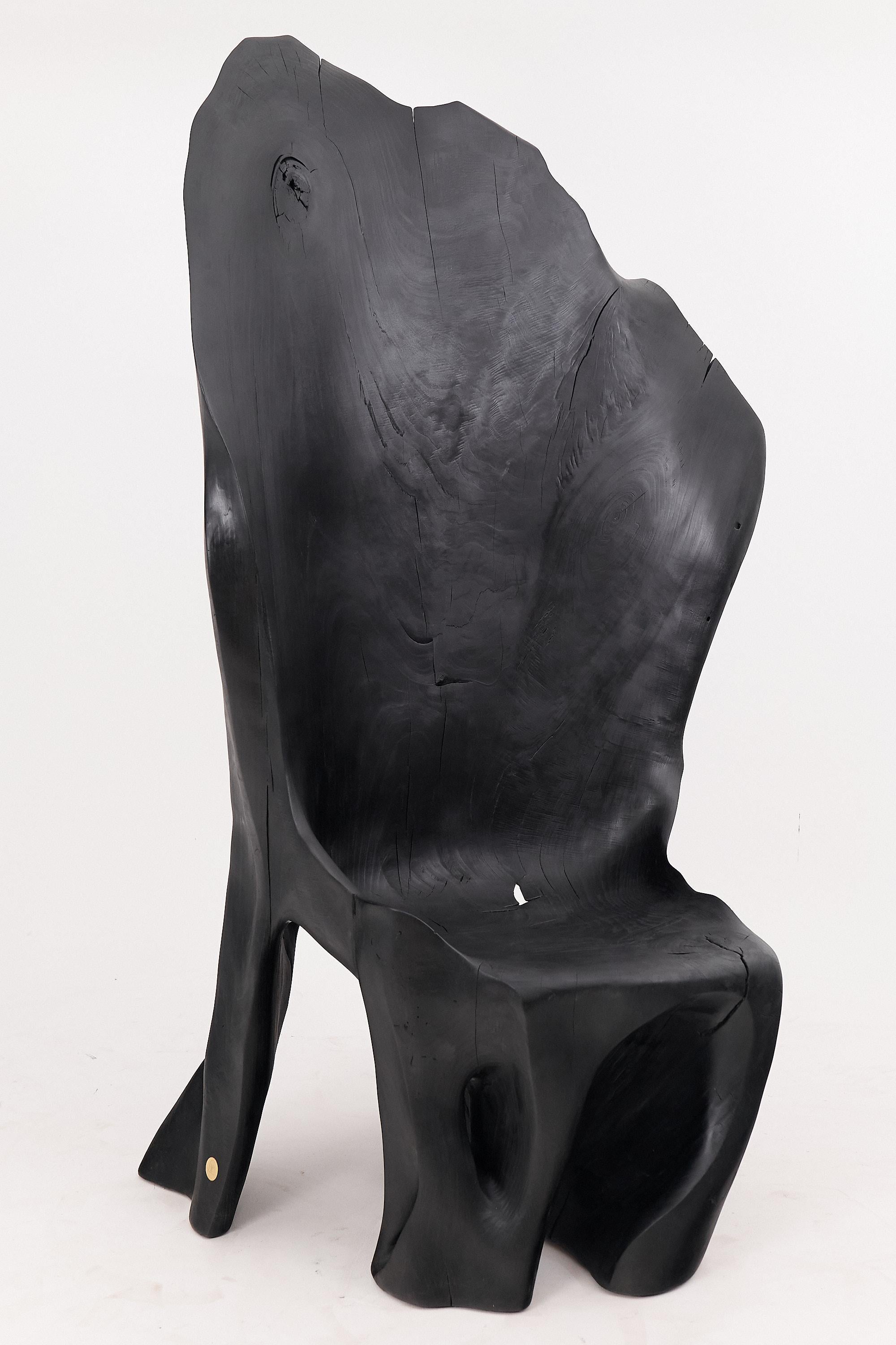 Este imponente sillón trono fusiona la elegancia primitiva con el diseño escultórico moderno. Tallada a mano a partir de un único tronco macizo de madera dura, la pieza se eleva espectacularmente con un imponente respaldo que envuelve a la persona