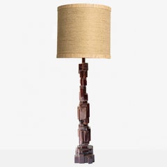 XXL Dark Brown Brutalist Ceramic Floor Lamp, Custom Made Lampshade by R. Houben