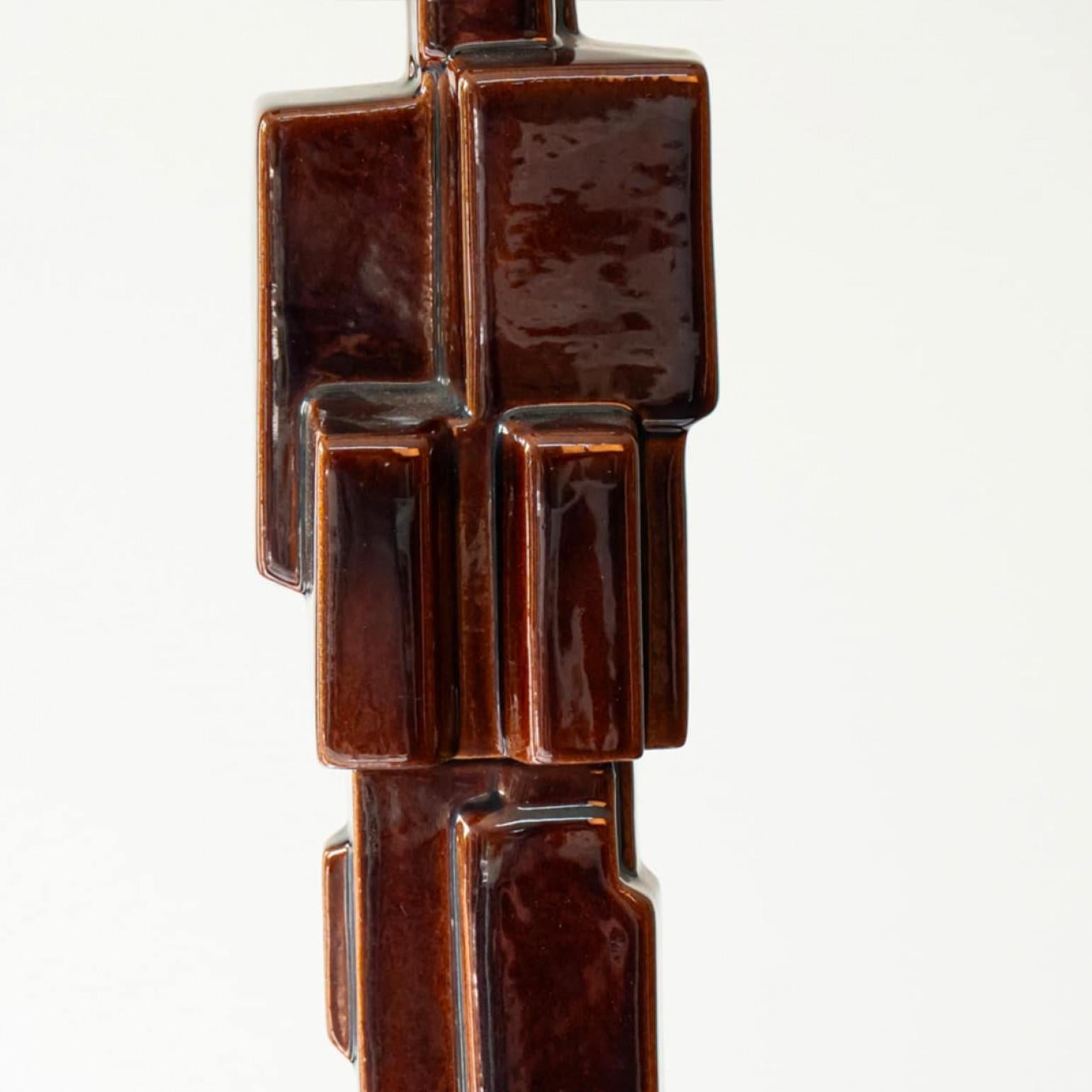 Danish XXL Dark Brown Brutalist Ceramic Floor Lamp, Custom Made Lampshade by R. Houben For Sale