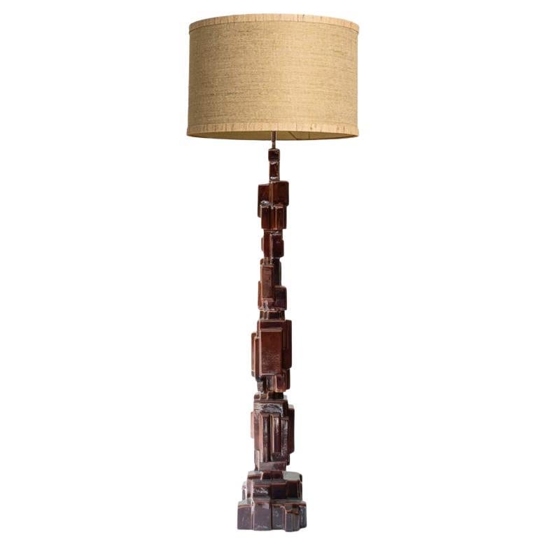 XXL Dark Brown Brutalist Ceramic Floor Lamp, Custom Made Lampshade by R. Houben For Sale