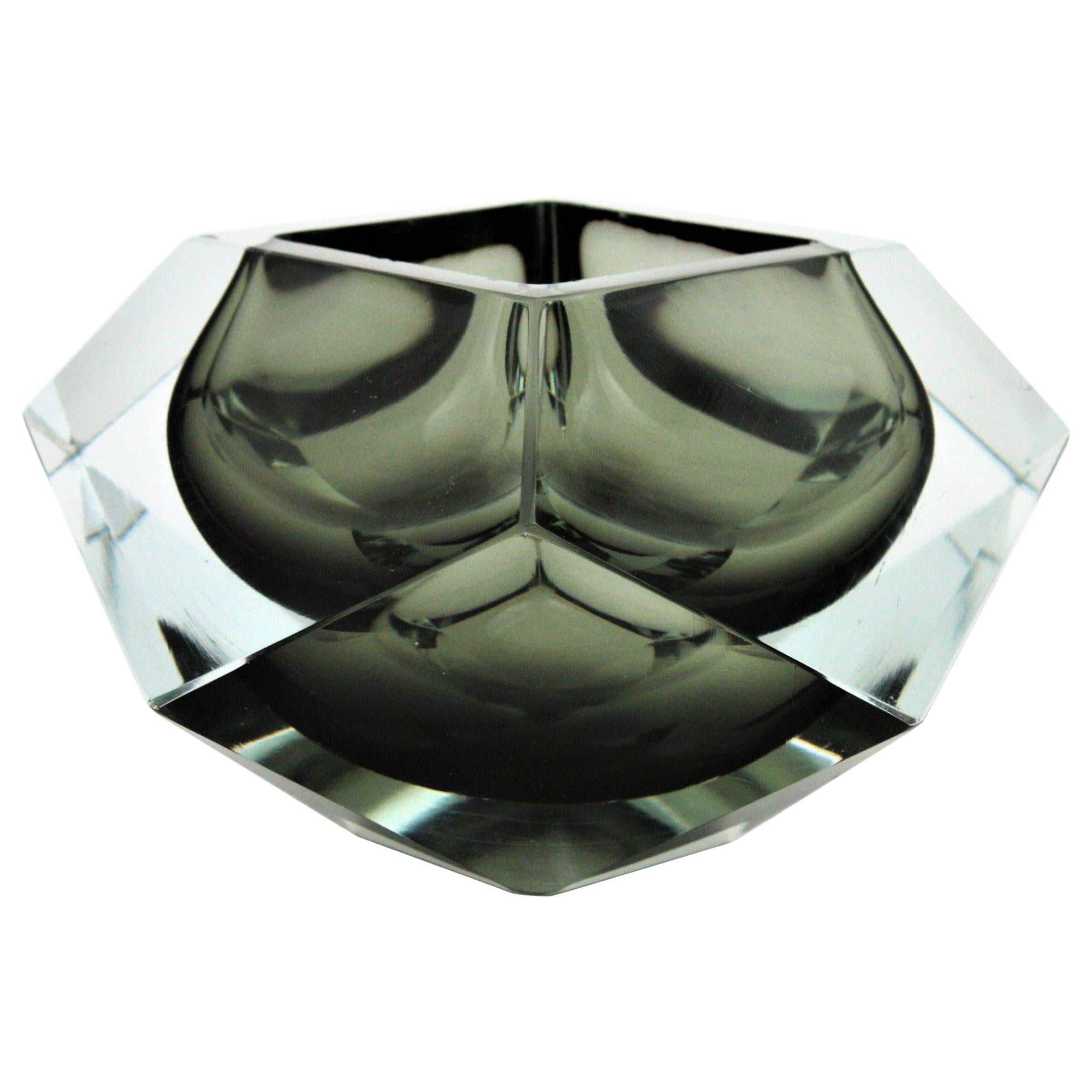 XXL Flavio Poli Smoked Grey and Clear Faceted Murano Glass Bowl or Ashtray