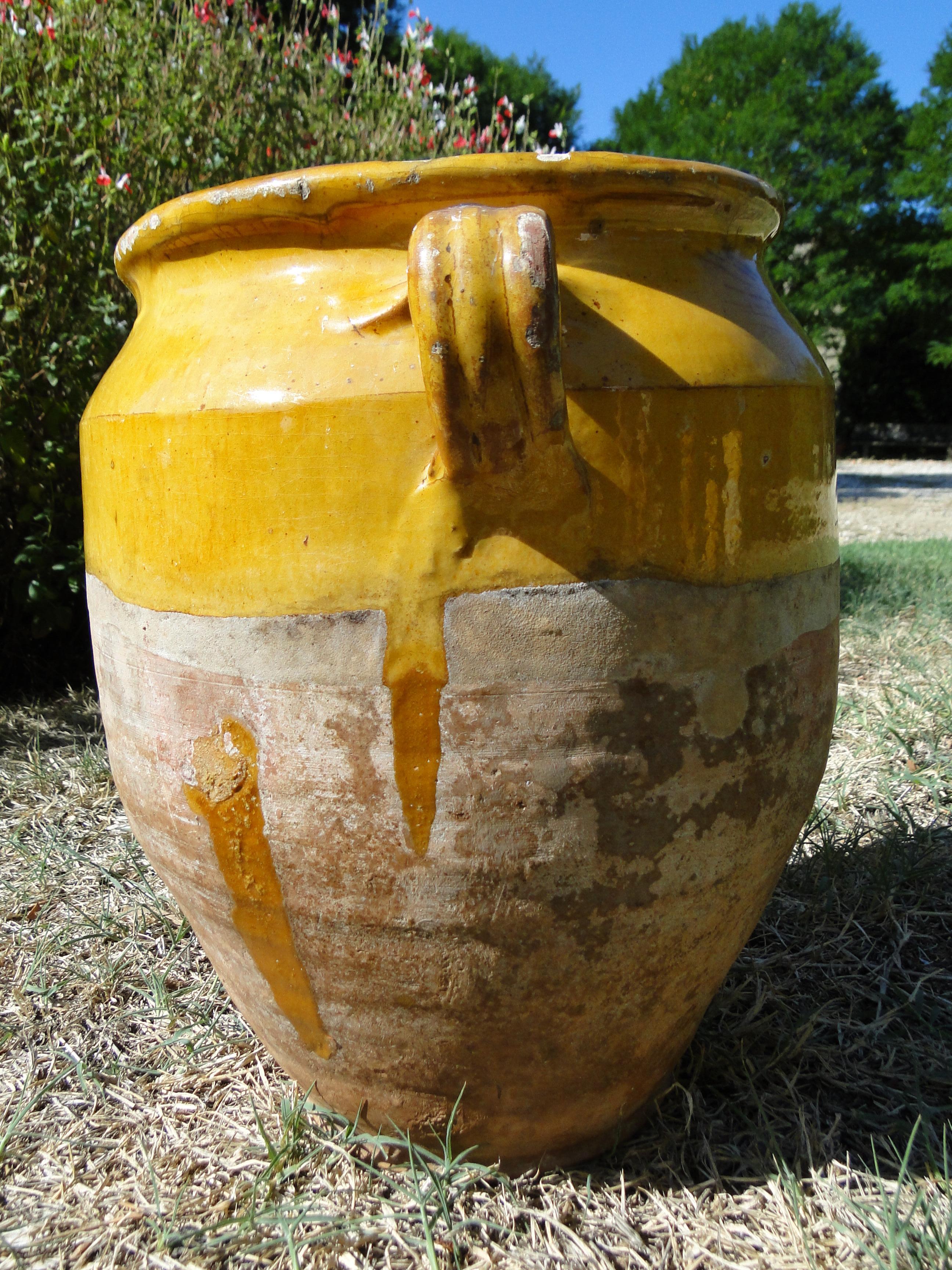 XXL French Antique Confit Redware Faience Yellowware Art Pottery Pot In Good Condition In Lège Cap Ferret, FR