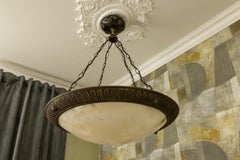 XXL Art Deco Eight-Light Alabaster and Bronze Chandelier, circa 1920s