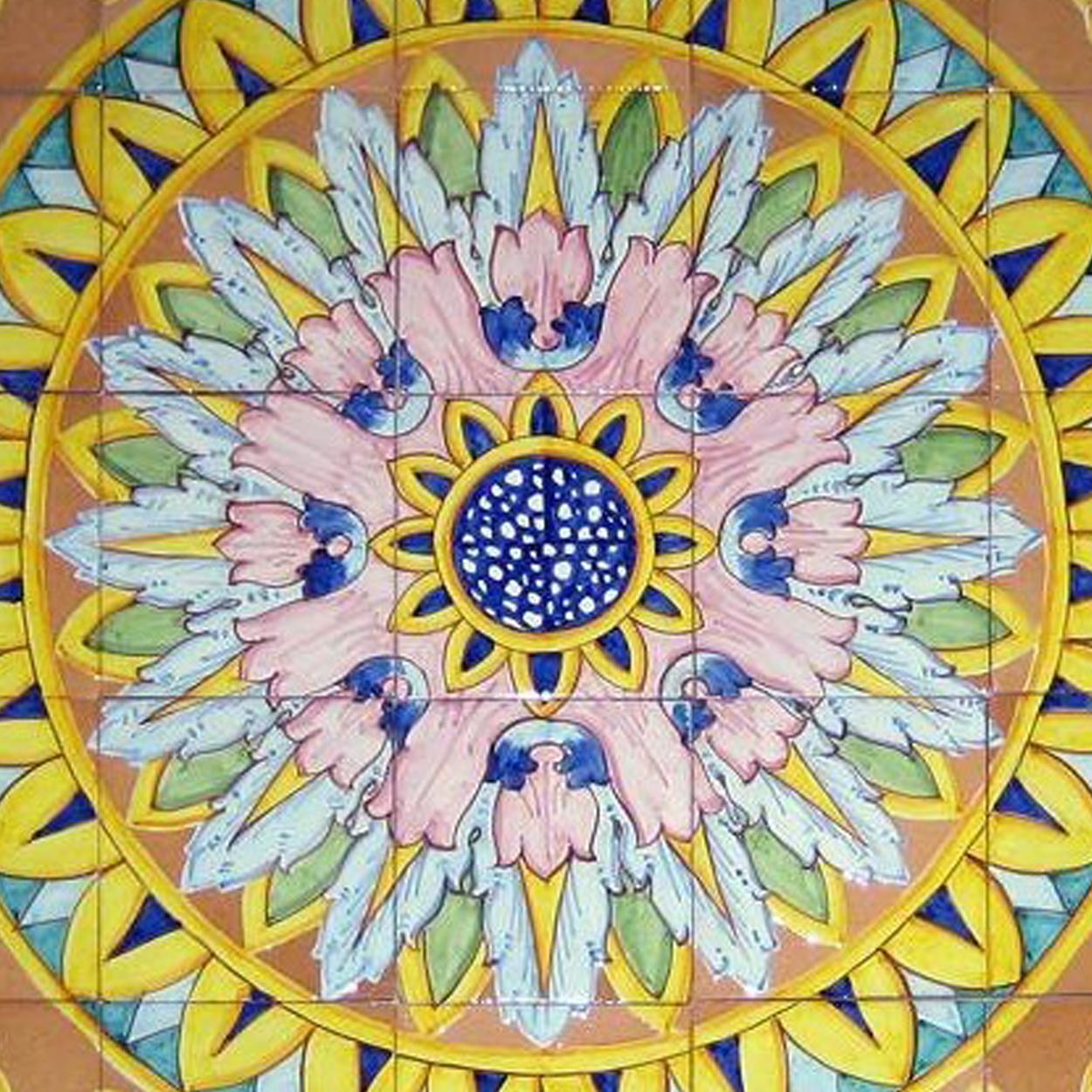 Gorgeous Neapolitan XL tile panel by the firm, Recuperando, Italy.
In a beautiful color palette showing lots of details. This large panel (140 cm) consists of 49 tiles of 20x20 cm. It is handmade in Italy according the Majolica technique. 

Size