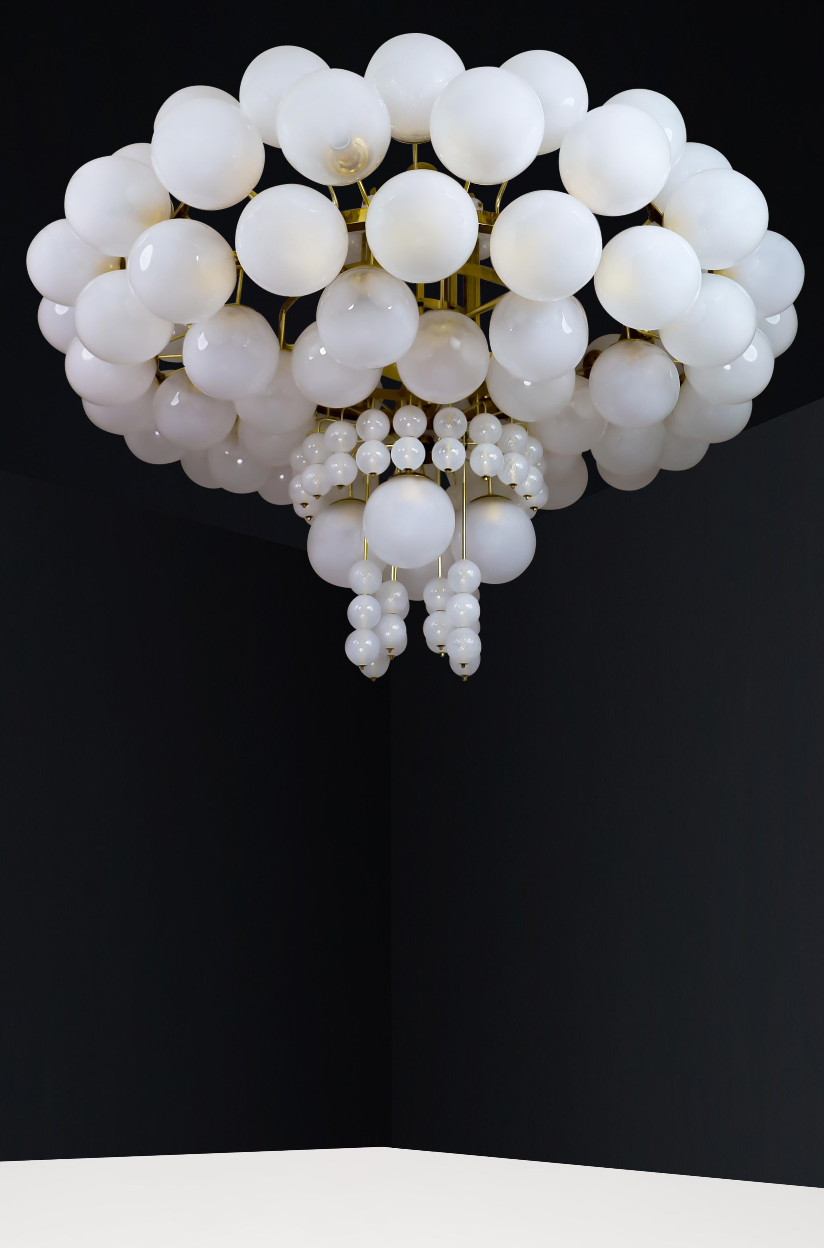 XXL Hotel Chandelier with Brass Fixture and Hand-Blowed Frosted Glass Globes For Sale 5