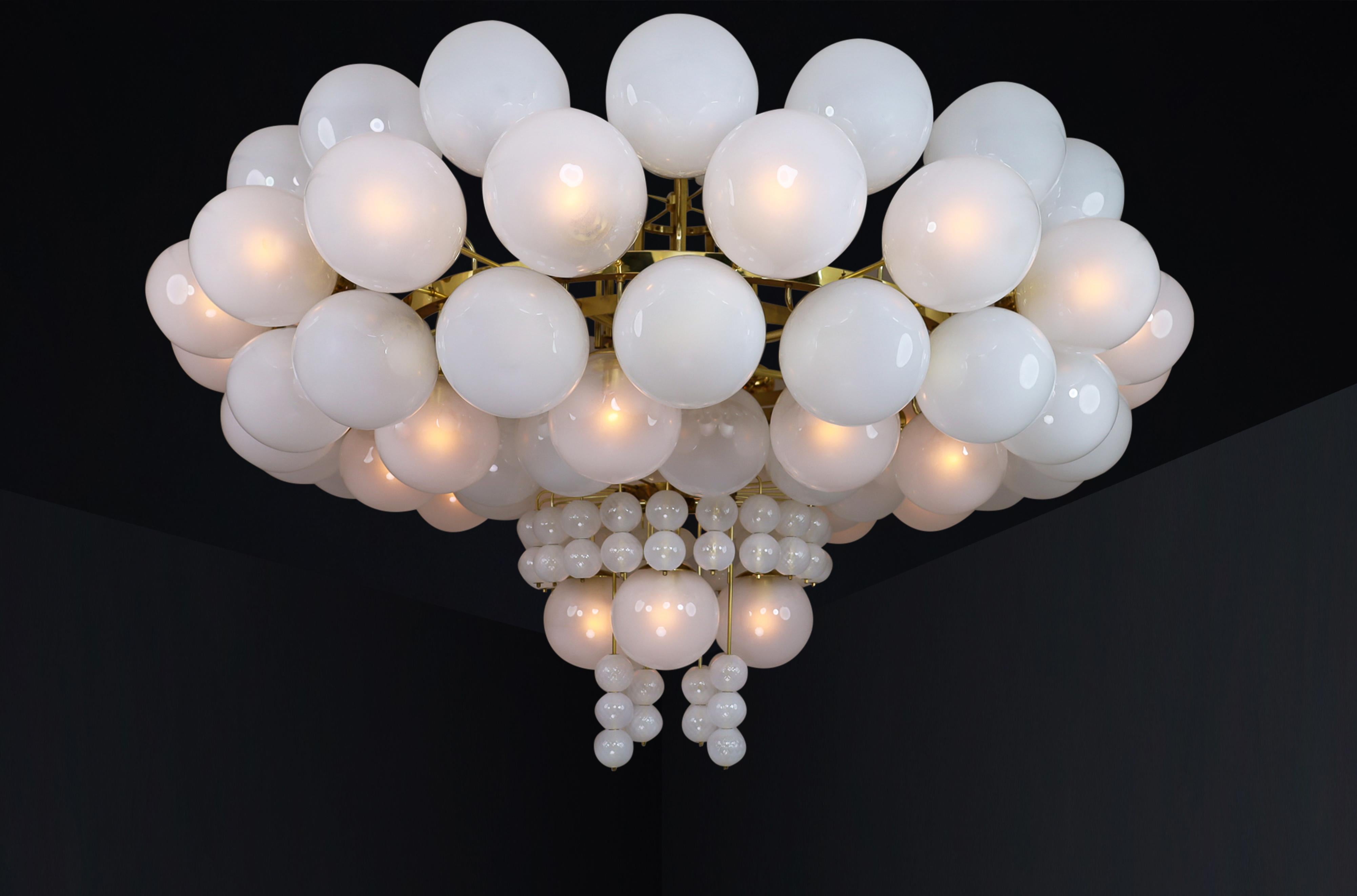 XXL Hotel Chandelier with Brass Fixture and Hand-Blowed Frosted Glass Globes For Sale 5