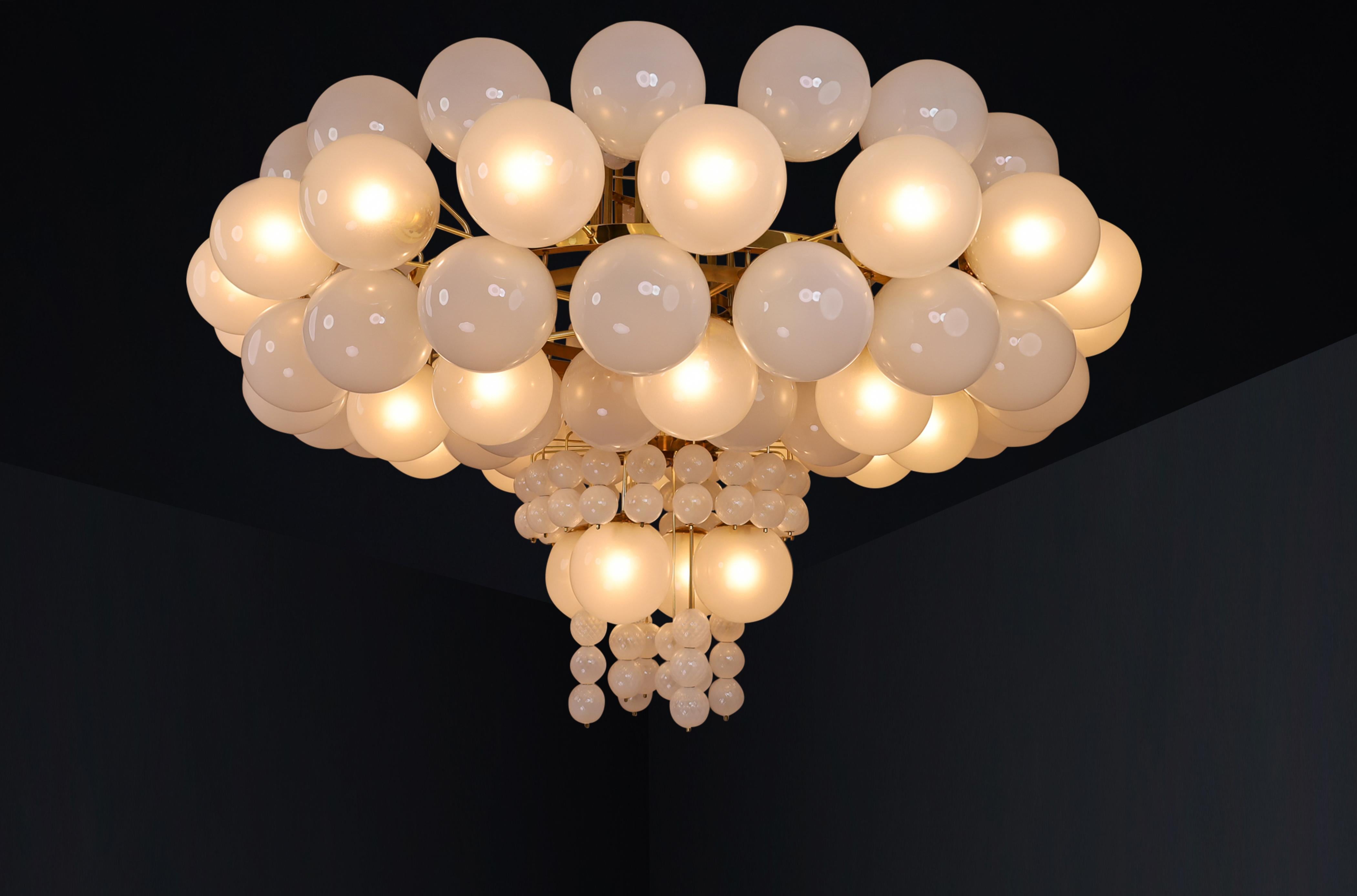 XXL Hotel Chandelier with Brass Fixture and Hand-Blowed Frosted Glass Globes For Sale 6