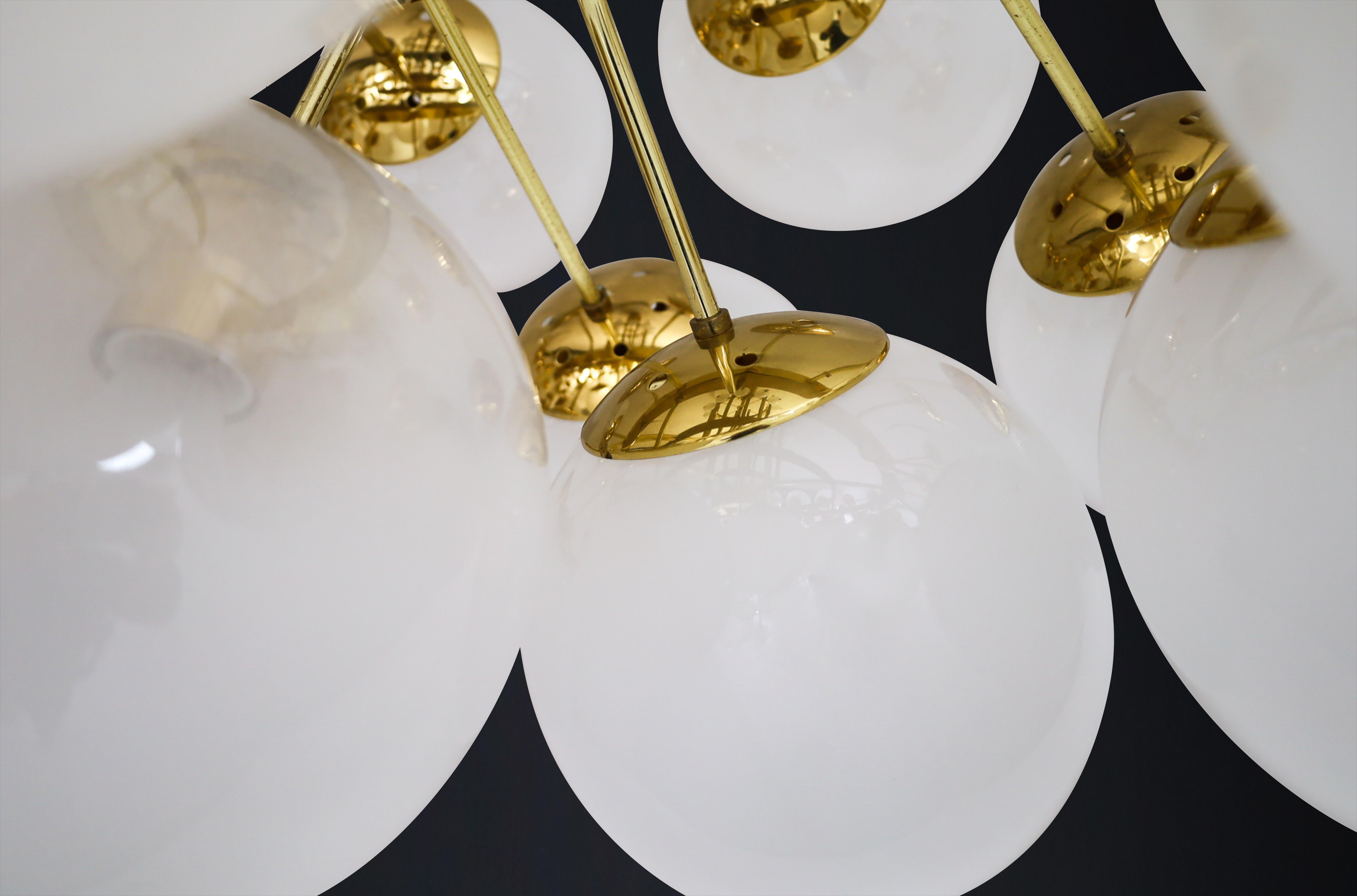 XXL Hotel Chandelier with Brass Fixture and Hand-Blowed Frosted Glass Globes For Sale 9