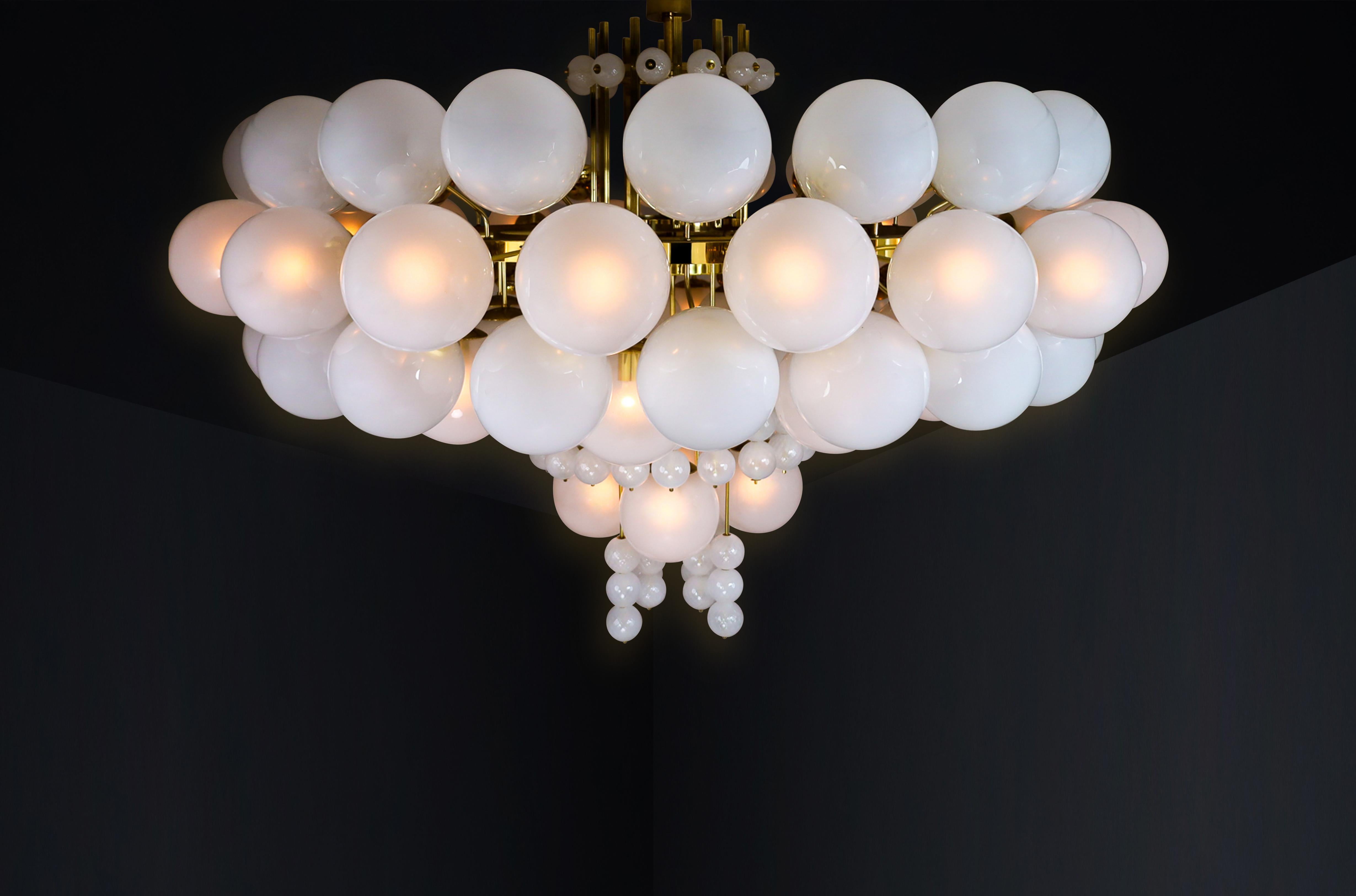 XXL Hotel Chandelier with Brass Fixture and Hand-Blowed Frosted Glass Globes For Sale 12
