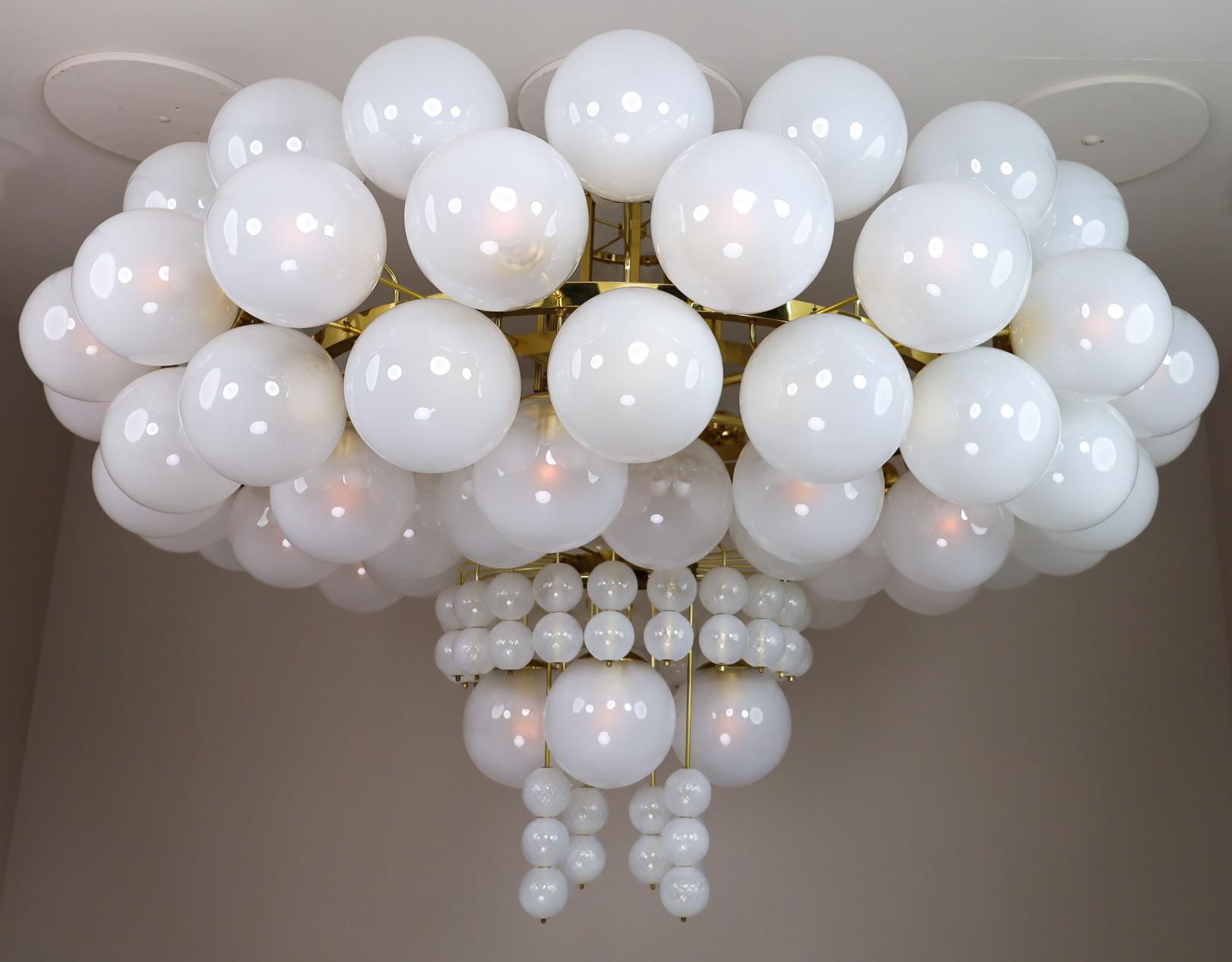 Mid-Century Modern XXL Hotel Chandelier with Brass Fixture and Hand-Blowed Frosted Glass Globes