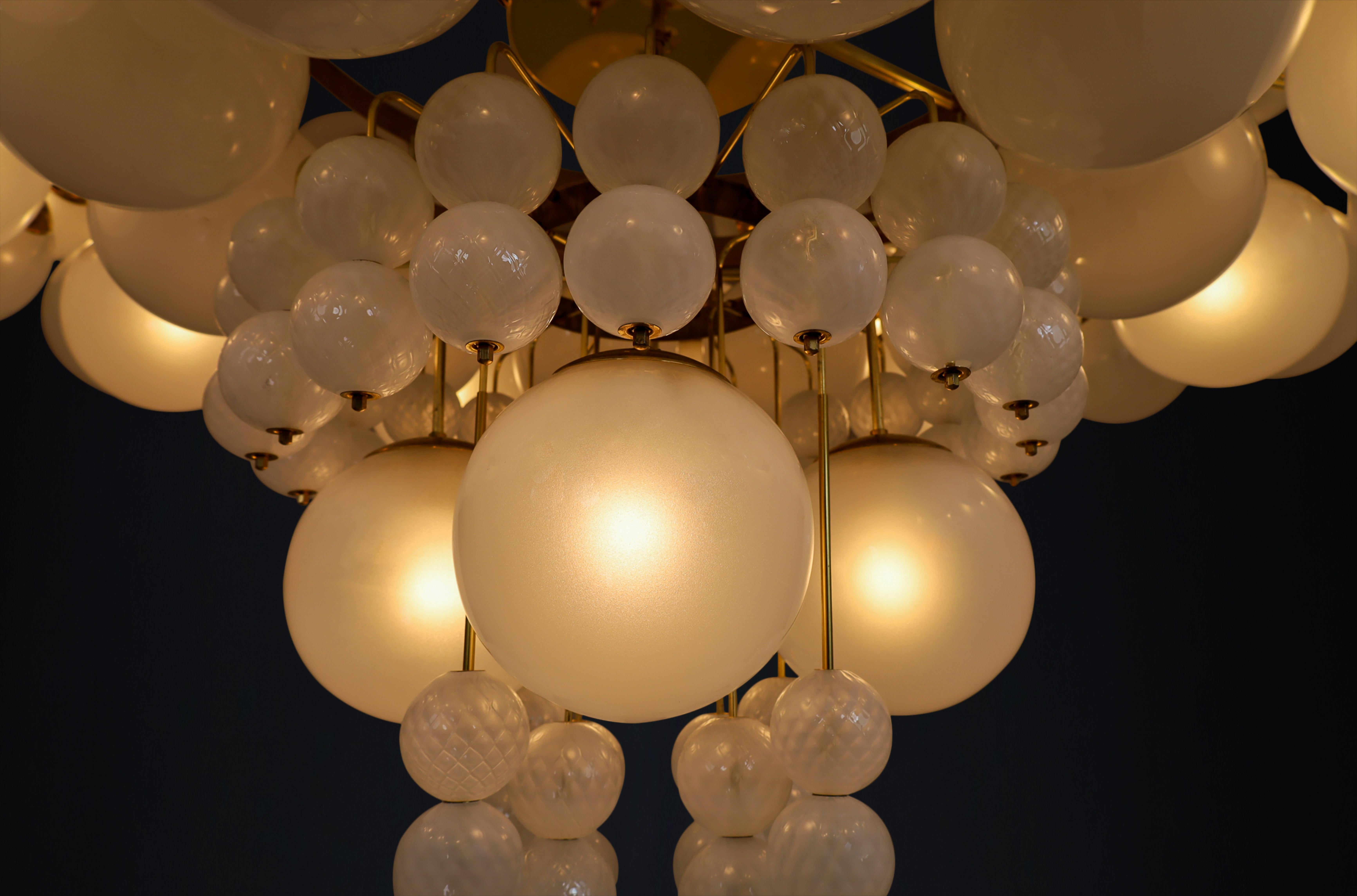 20th Century XXL Hotel Chandelier with Brass Fixture and Hand-Blowed Frosted Glass Globes For Sale
