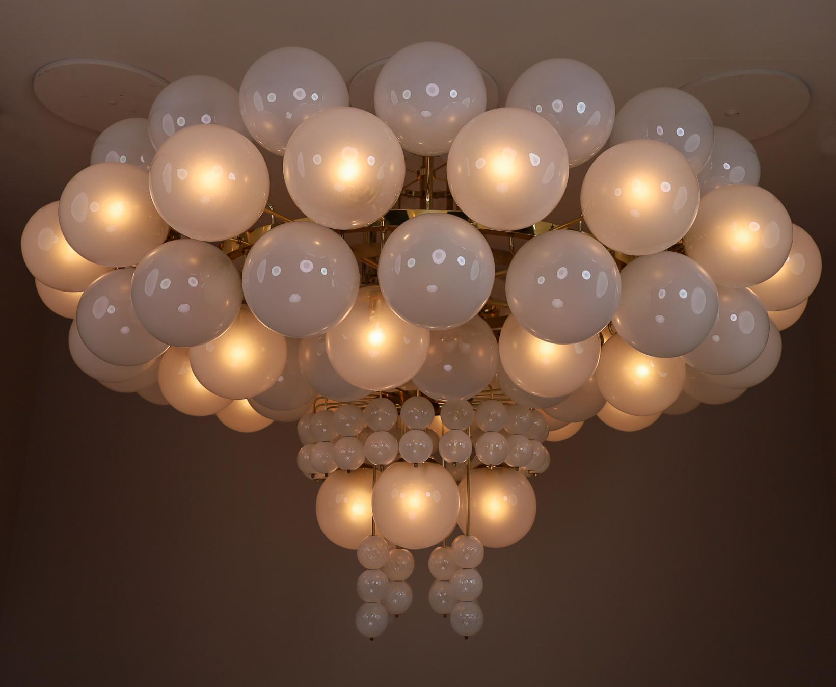20th Century XXL Hotel Chandelier with Brass Fixture and Hand-Blowed Frosted Glass Globes