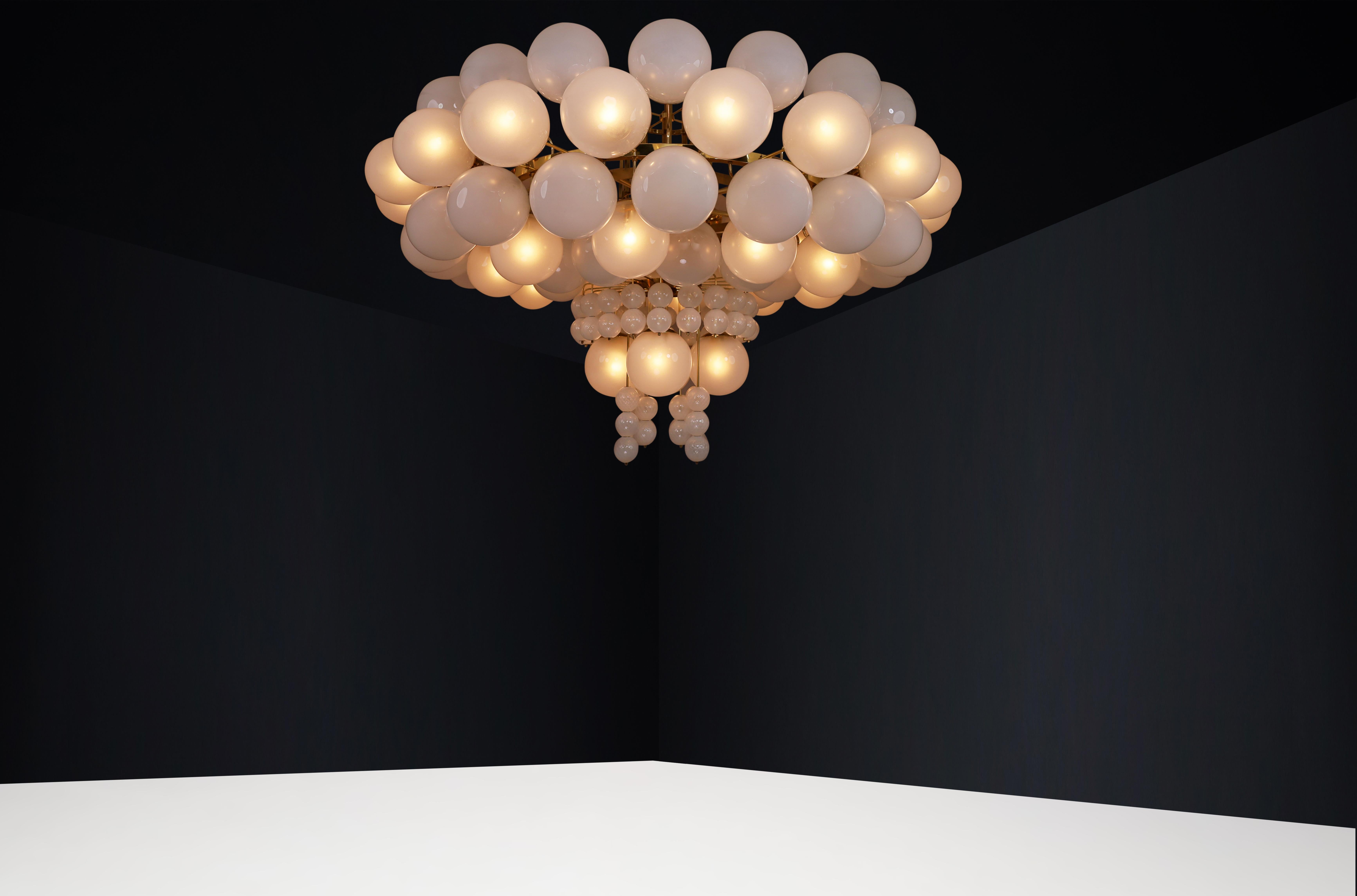 XXL Hotel Chandelier with Brass Fixture and Hand-Blowed Frosted Glass Globes For Sale 1