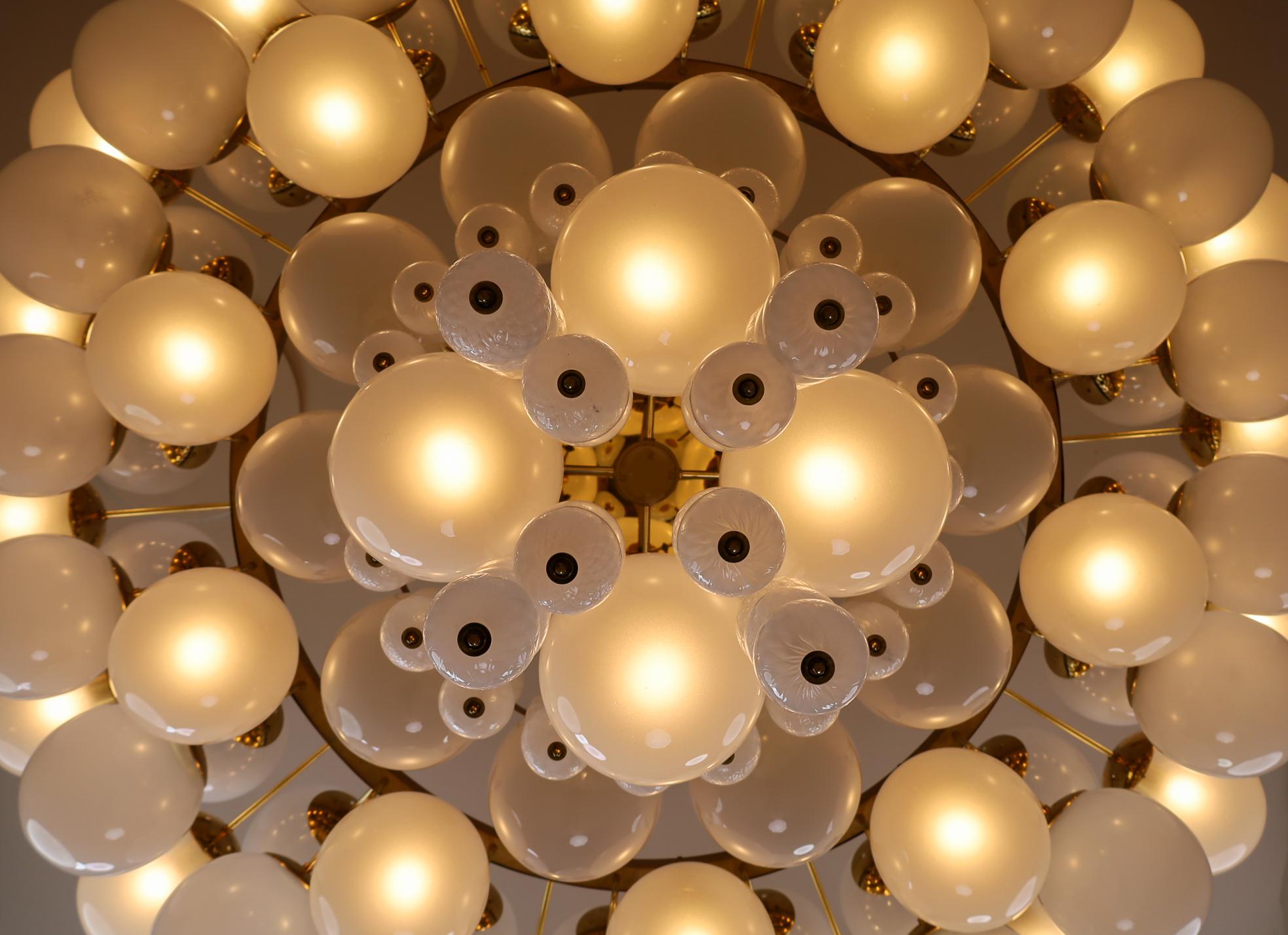 Art Glass XXL Hotel Chandelier with Brass Fixture and Hand-Blowed Frosted Glass Globes