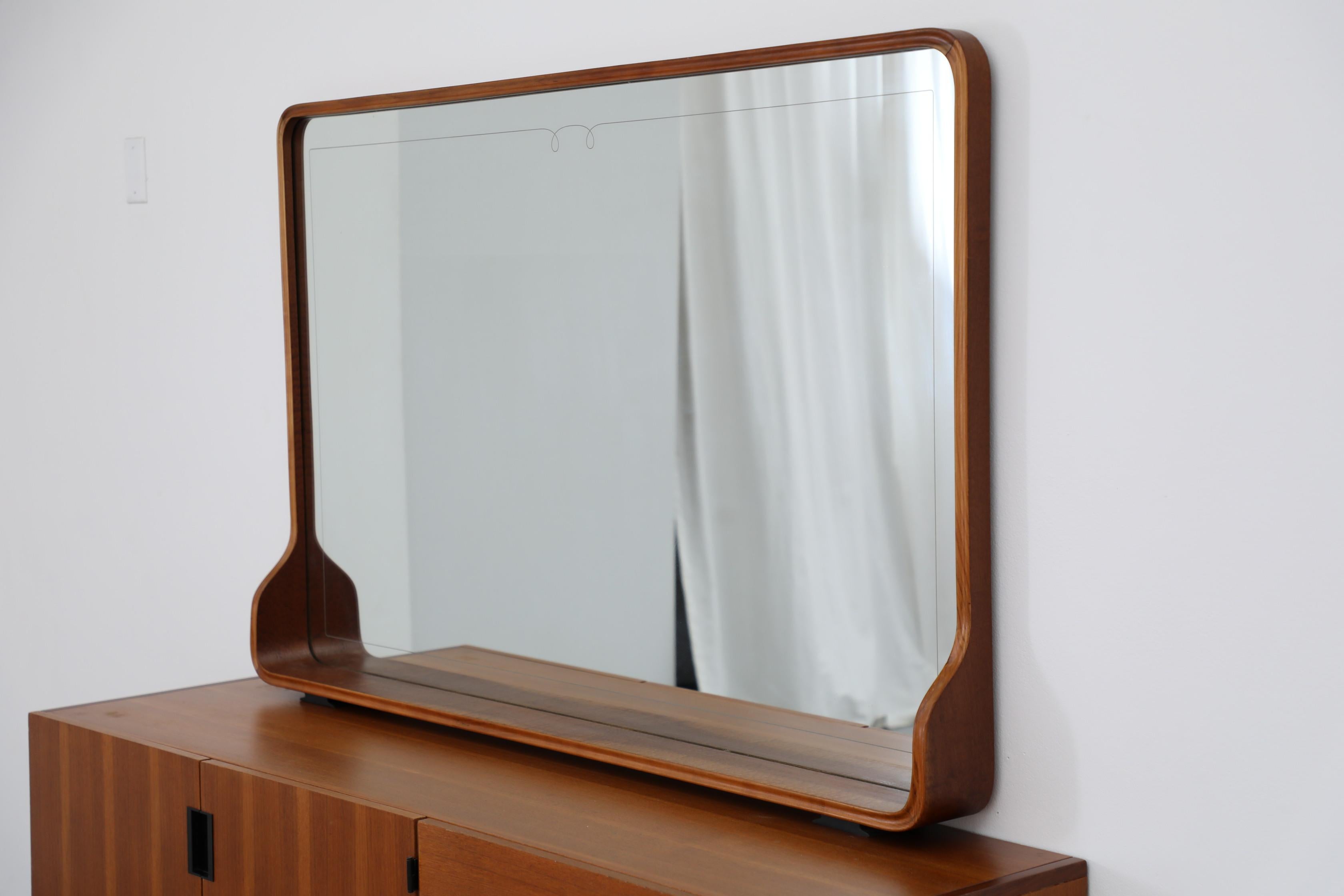 Mid-Century Modern XXL Italian Mid-Century Standing Mirror w/ Shelf, Carved Wood Frame For Sale