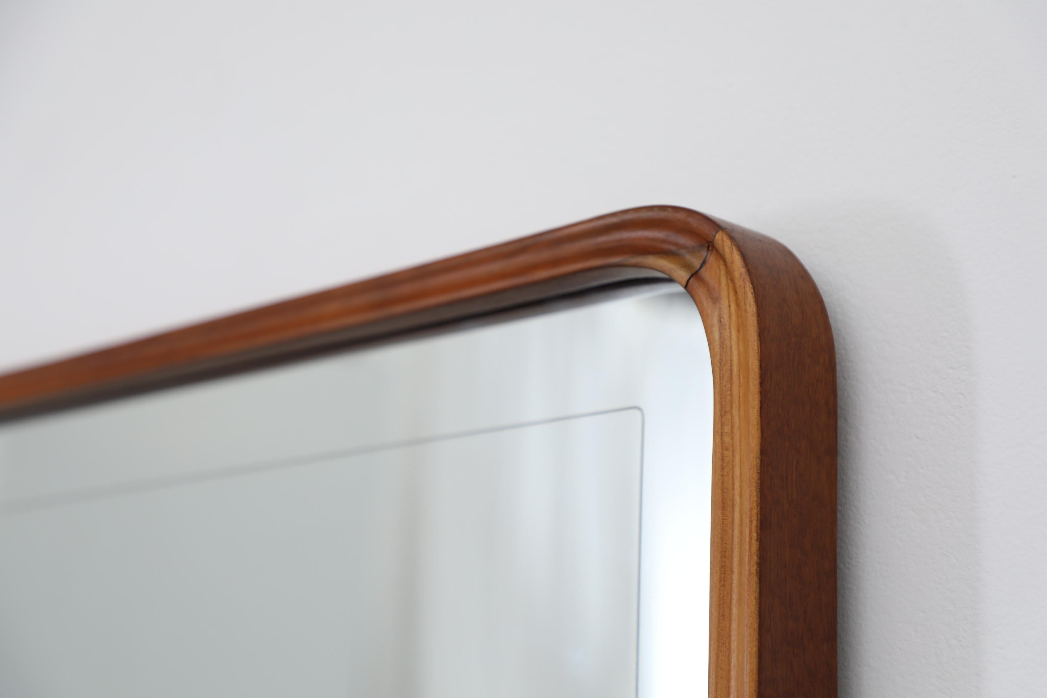 XXL Italian Mid-Century Standing Mirror w/ Shelf, Carved Wood Frame In Good Condition For Sale In Los Angeles, CA