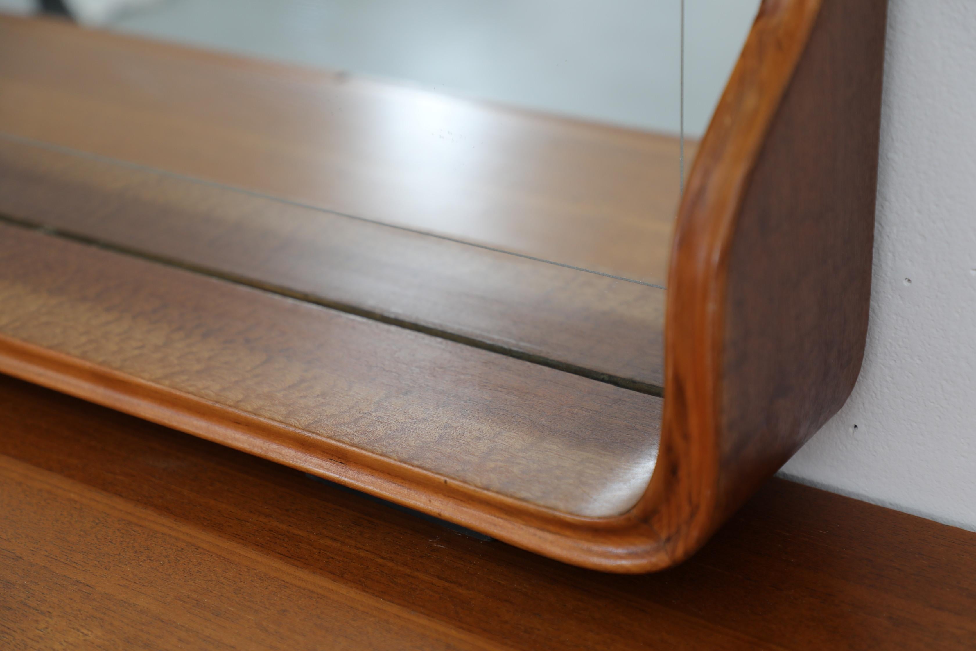 Teak XXL Italian Mid-Century Standing Mirror w/ Shelf, Carved Wood Frame For Sale