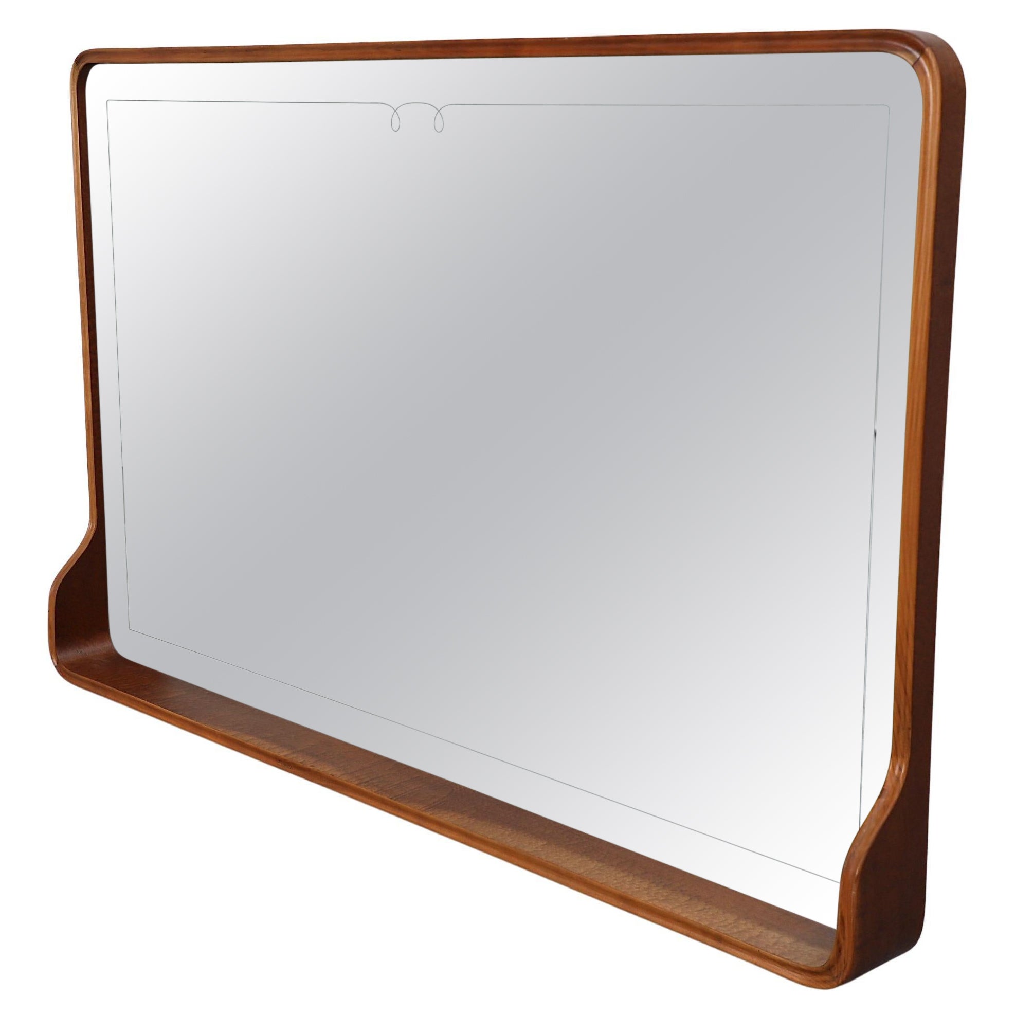 XXL Italian Mid-Century Standing Mirror w/ Shelf, Carved Wood Frame For Sale