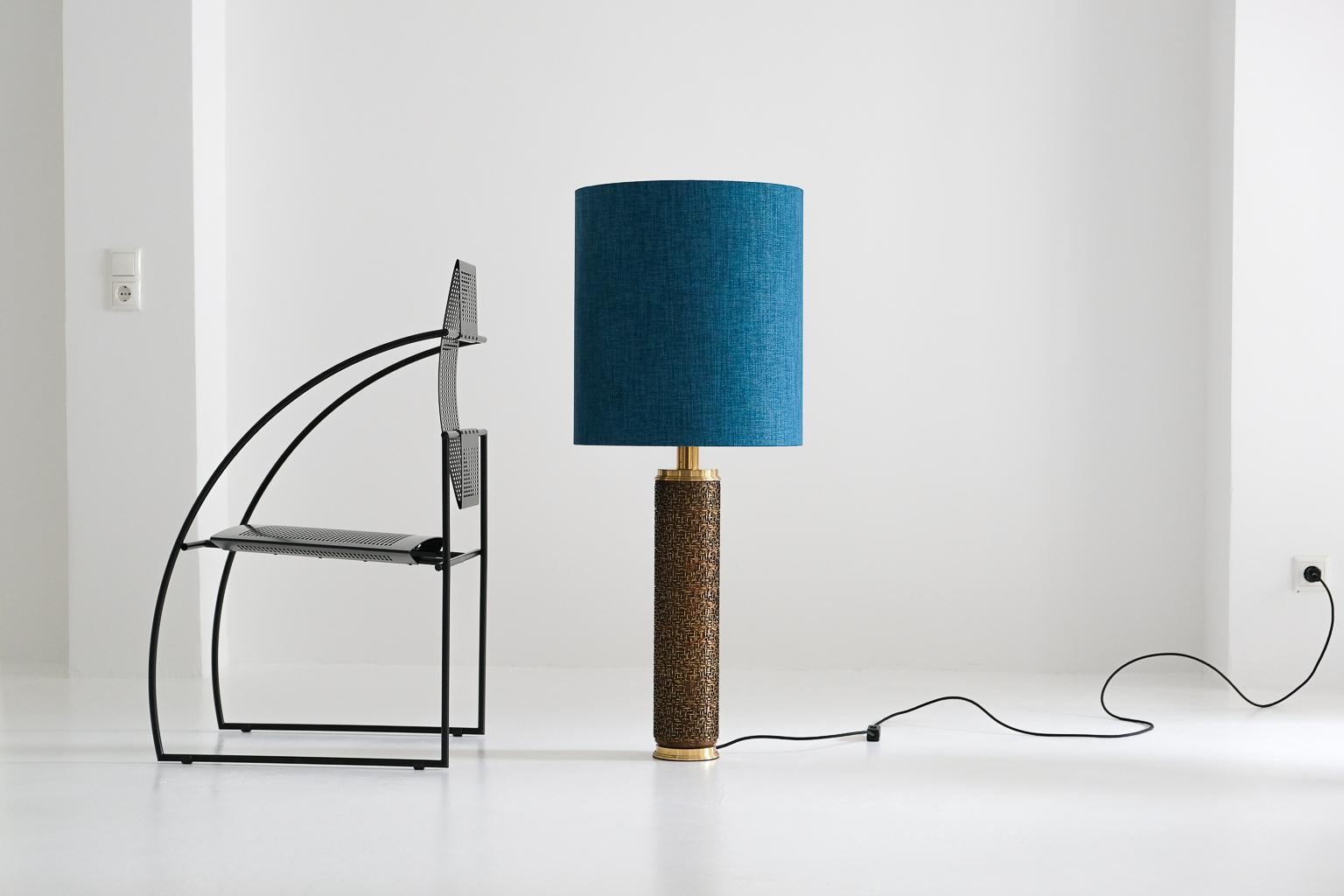 Italian XXL italian table lamp with leather pierced brass relief feet, 1960s For Sale