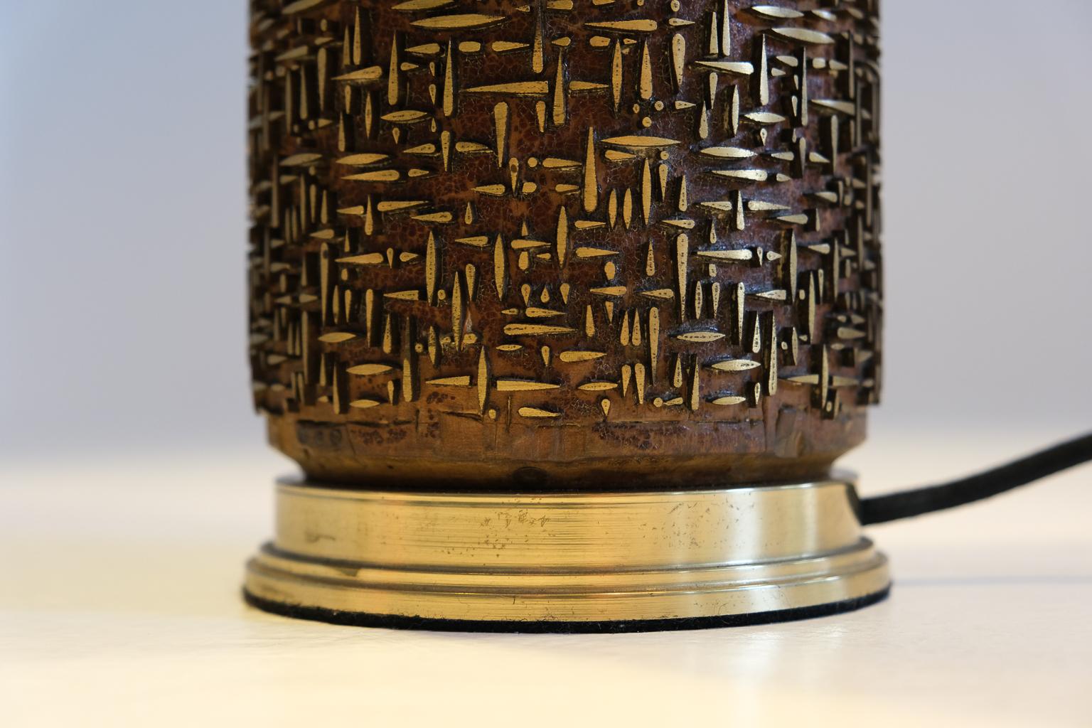 Brass XXL italian table lamp with leather pierced brass relief feet, 1960s For Sale