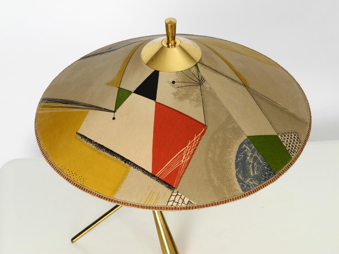 Austrian XXL Kalmar Midcentury Brass Tripod Table Lamp - Original Colorful Fabric Shade