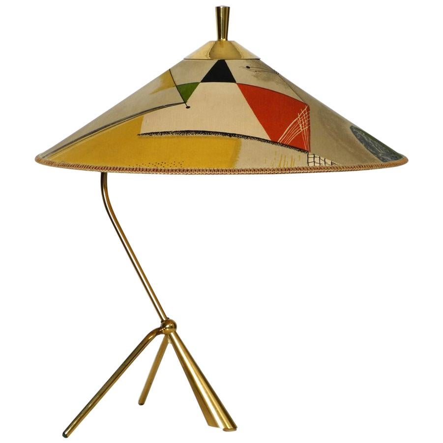 XXL Kalmar Midcentury Brass Tripod Table Lamp - Original Colorful Fabric Shade