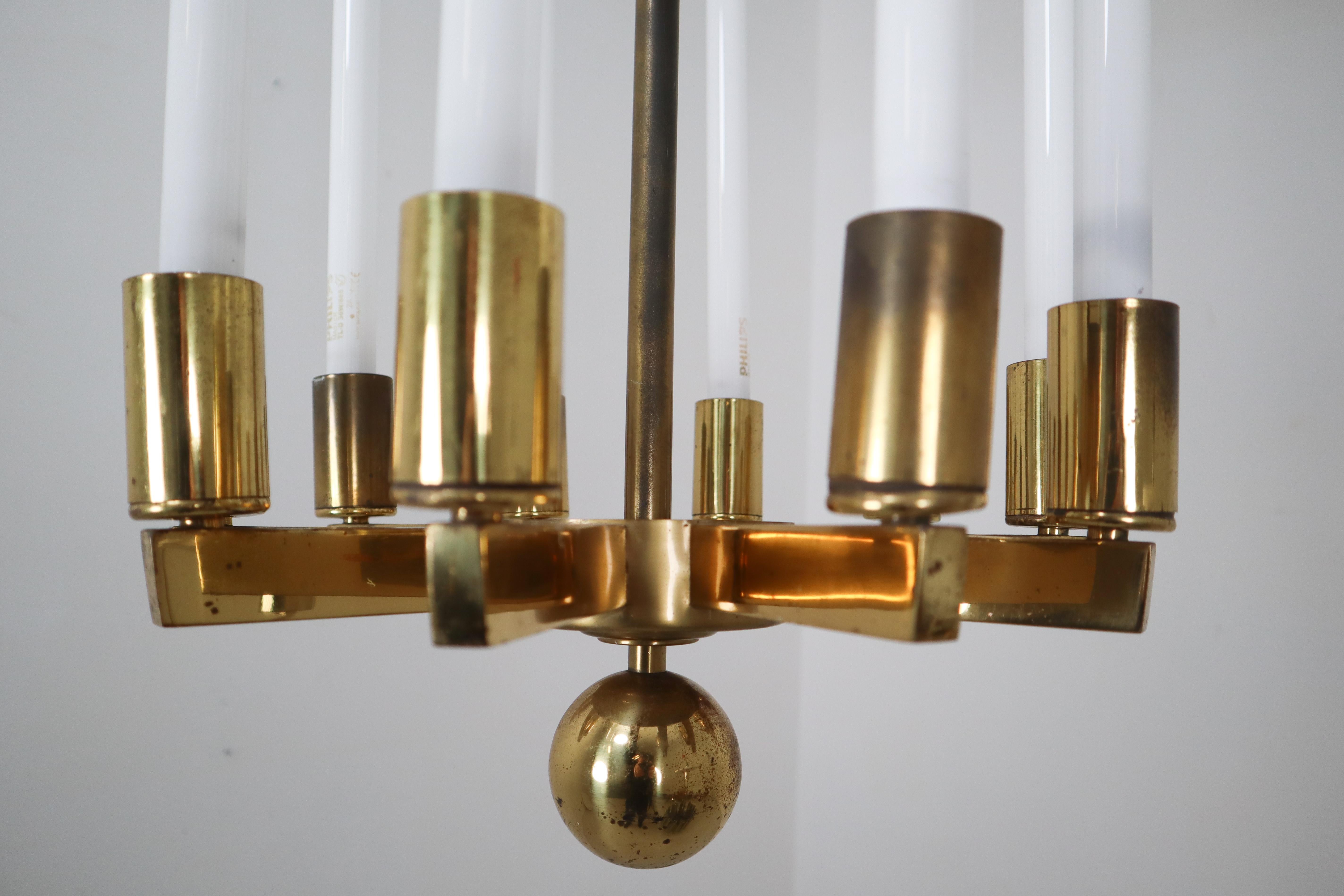 Bauhaus Extra Large Brass Chandelier by Kaiser & Co., Made in Germany, circa 1940s For Sale