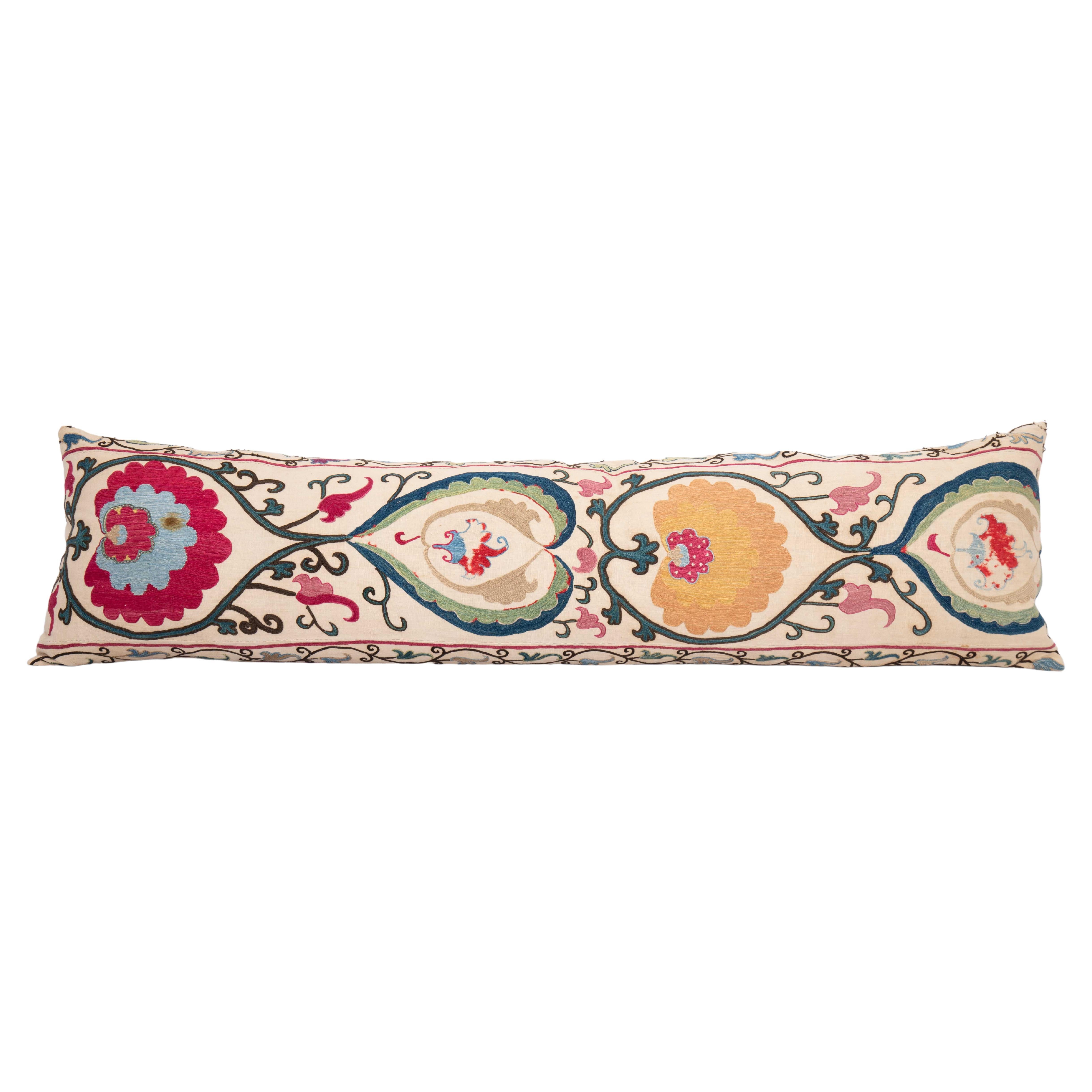 XXL Lumbar Suzani Pillow Case Made from an Antique Suzani Fragment, 19th C