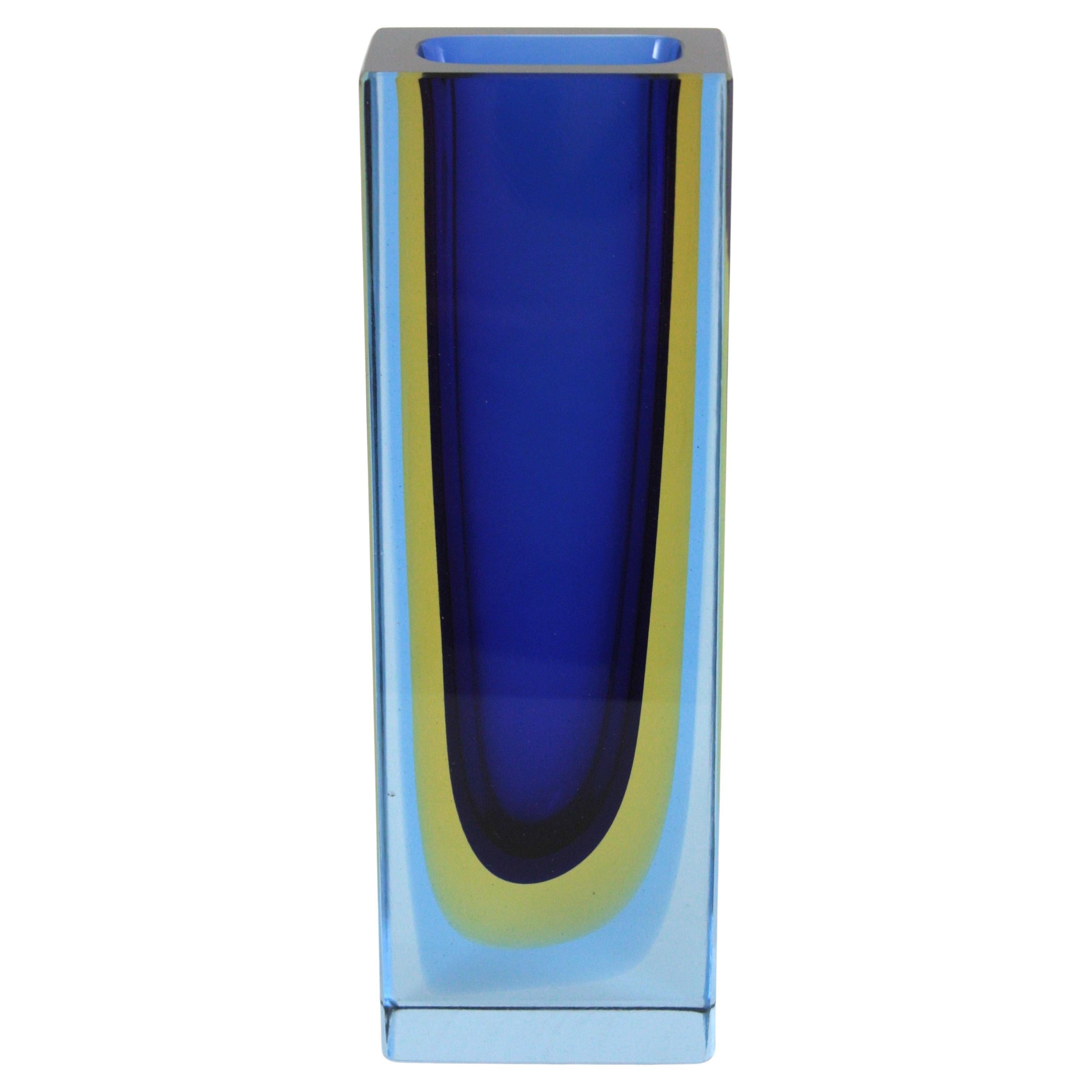 XXL Mandruzzato Murano Blue Yellow Faceted Sommerso Glass Vase, 1960