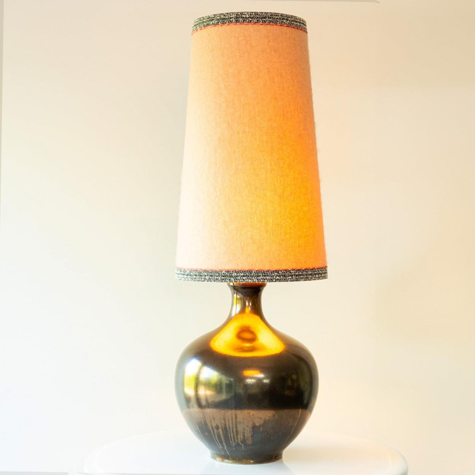 Mid-Century Modern XXL Metallic Ceramic FLoor Table Lamp, Mohair Lampshade by R. Houben, 1970 For Sale