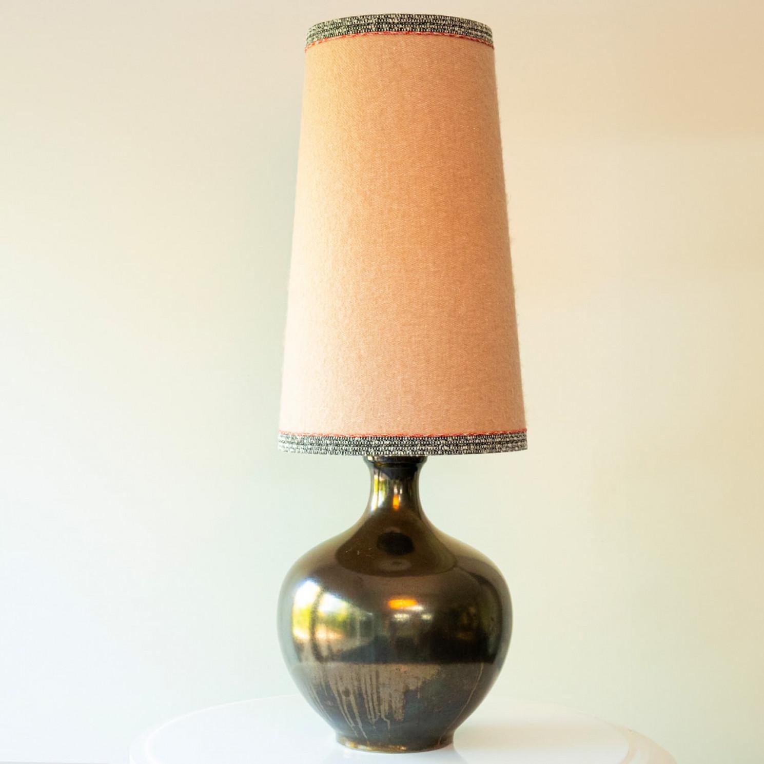 French XXL Metallic Ceramic FLoor Table Lamp, Mohair Lampshade by R. Houben, 1970 For Sale