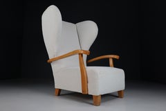 XXL Monumental Wingback Armchair in Walnut and Bouclé Fabric, France 1930s