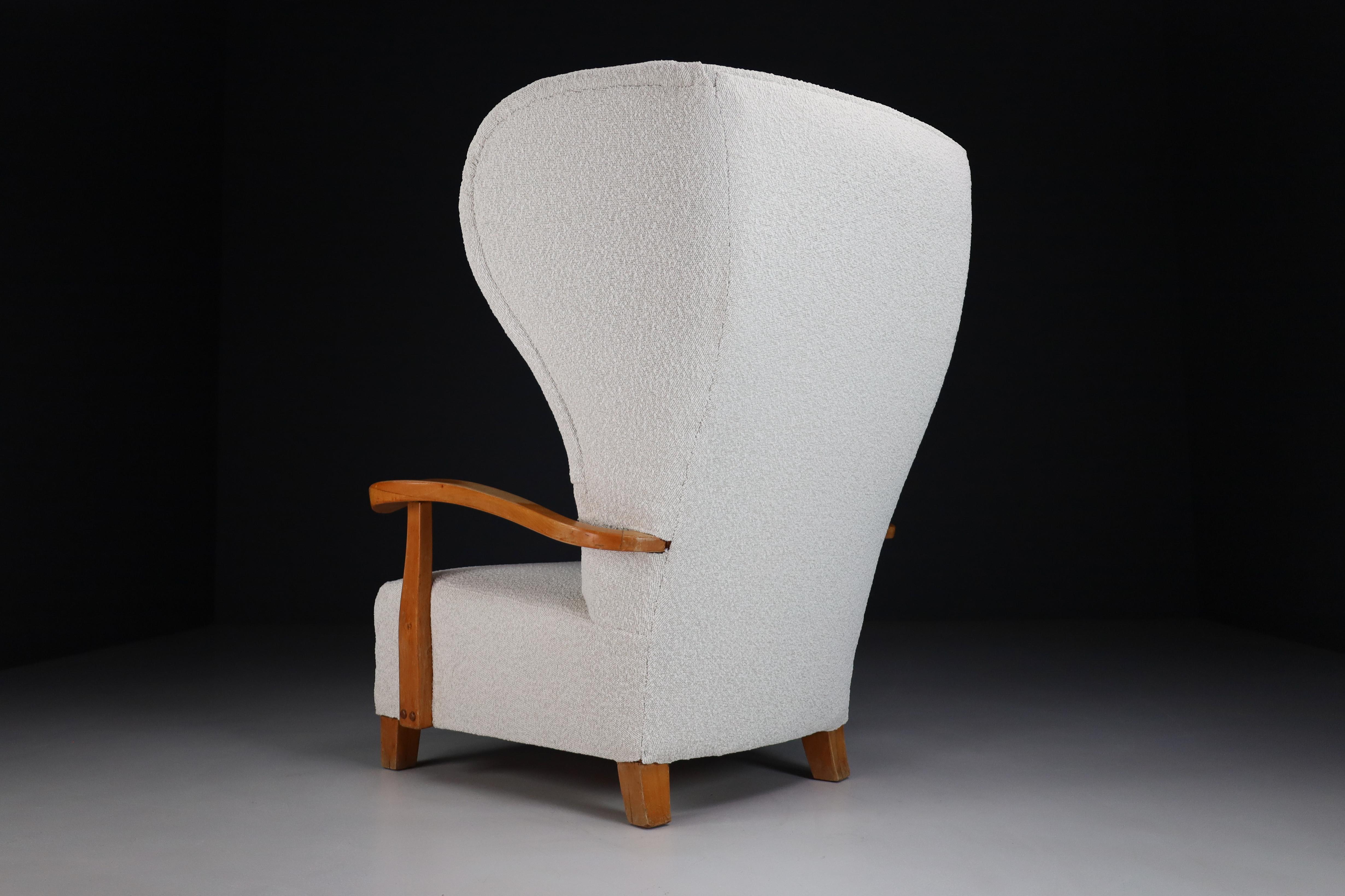 Mid-Century Modern XXL Monumental Wingback Armchair in Walnut and Bouclé Fabric, France 1930s For Sale