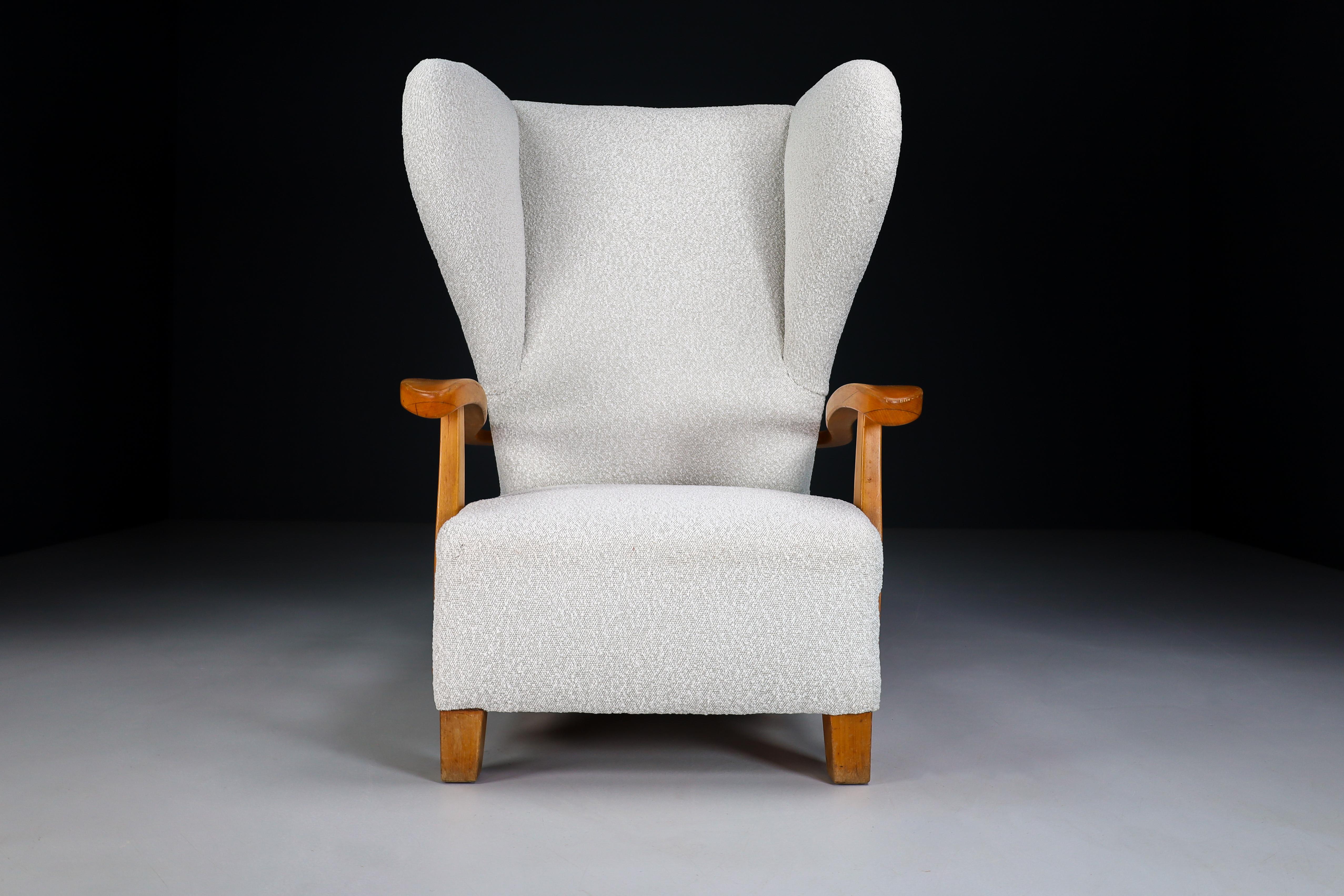 French XXL Monumental Wingback Armchair in Walnut and Bouclé Fabric, France 1930s For Sale
